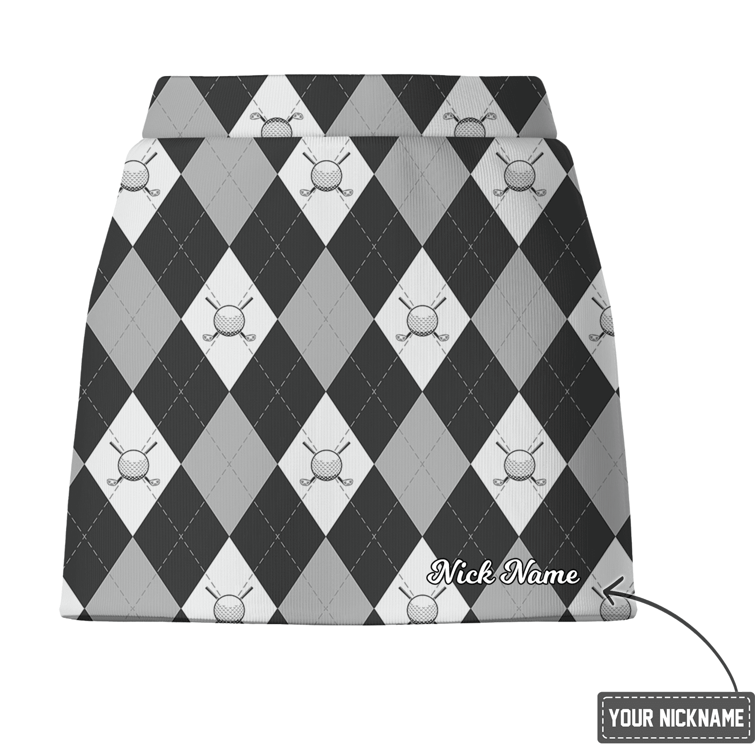Personalized Black White Grey Argyle Women's Golf Skort with Golf Club Icons J4077 additional image 2