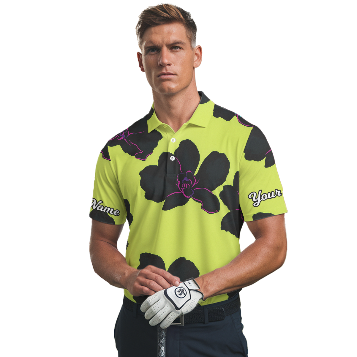 Personalized Black Orchid Floral Golf Polo Shirt for Men Lime Green R9099 additional image 2