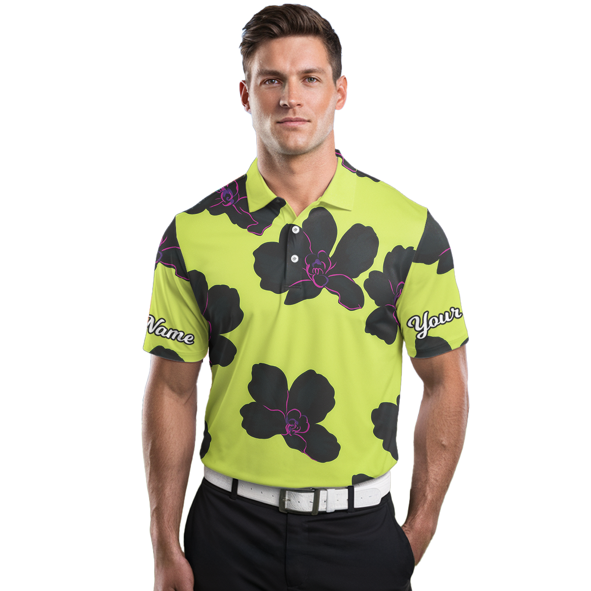 Personalized Black Orchid Floral Golf Polo Shirt for Men Lime Green R9099 additional image 3