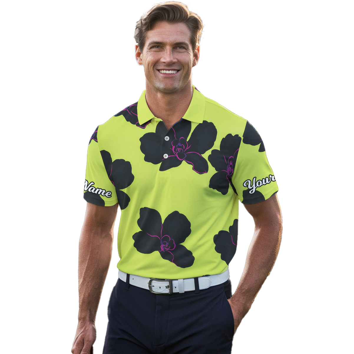 Personalized Black Orchid Floral Golf Polo Shirt for Men Lime Green R9099 additional image 4