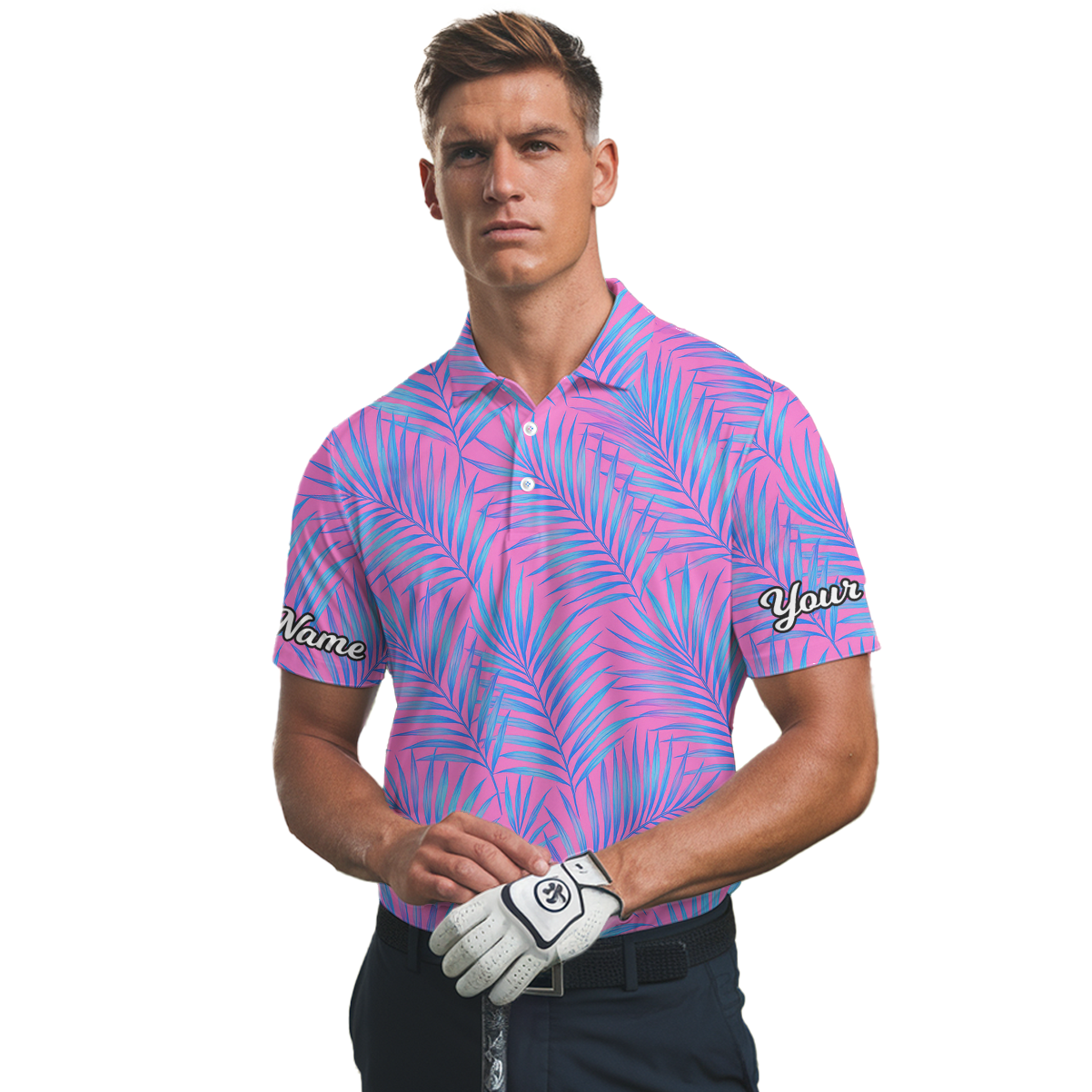 Personalized Men's Pink Blue Palm Print Golf Polo Shirt L7919 additional image 2