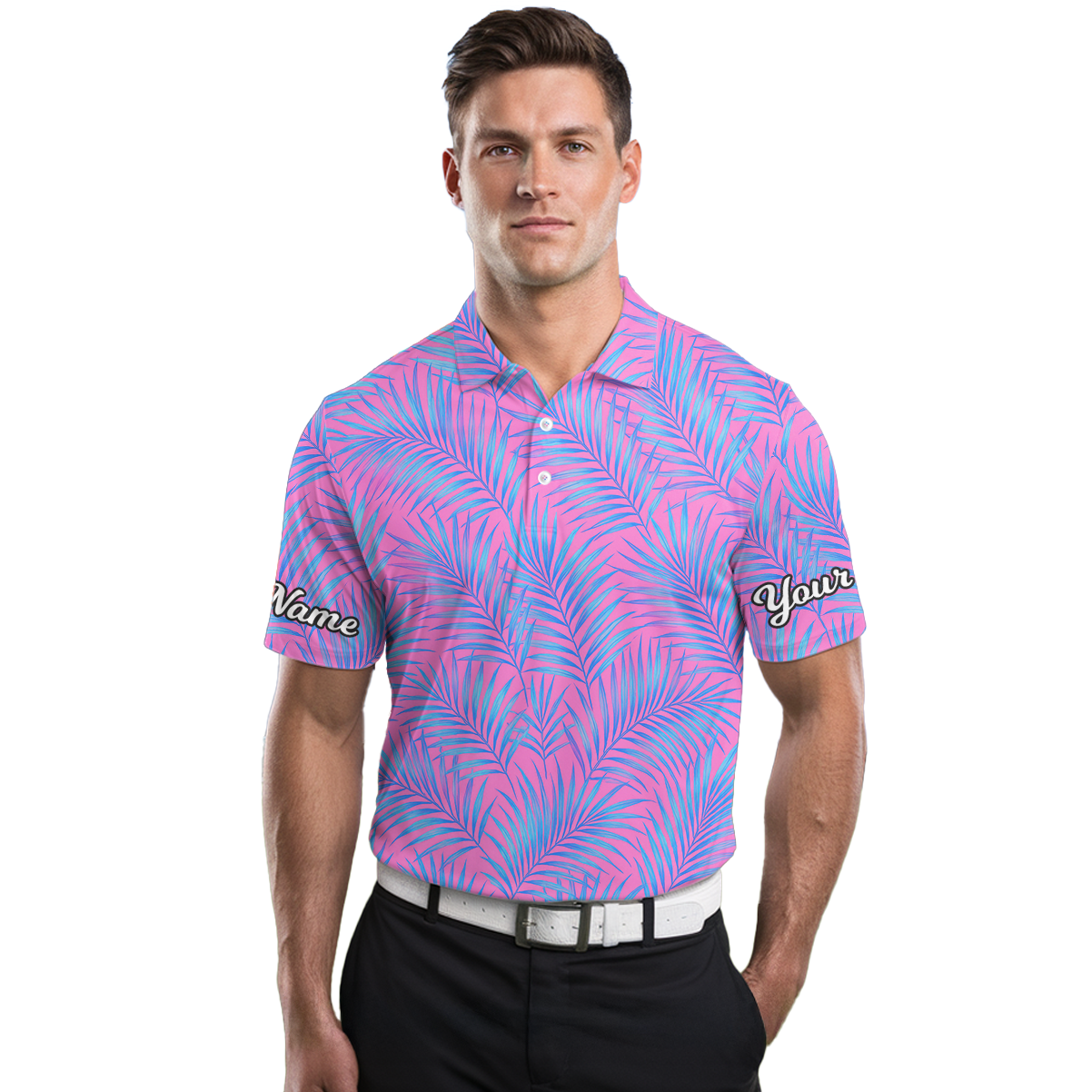 Personalized Men's Pink Blue Palm Print Golf Polo Shirt L7919 additional image 3