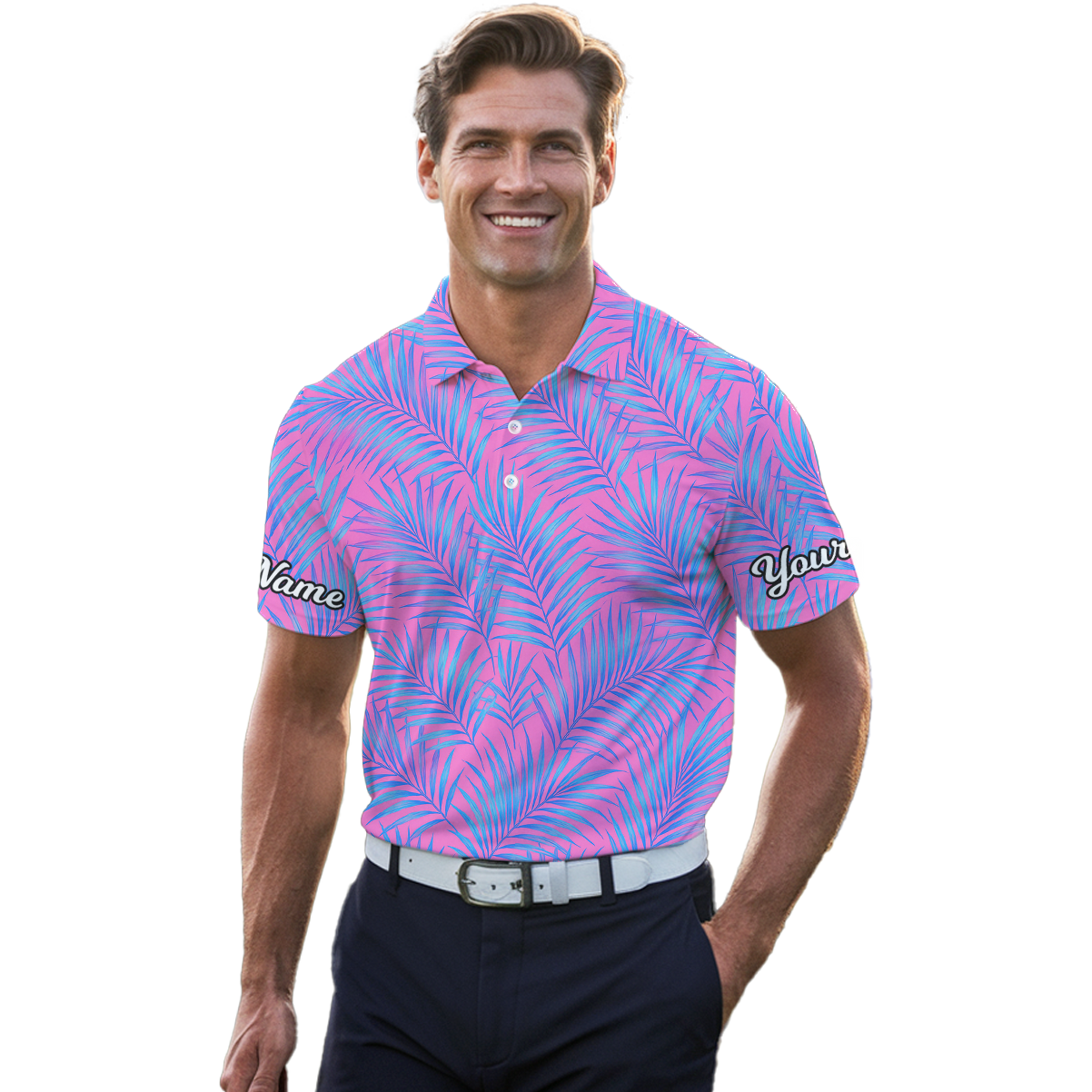 Personalized Men's Pink Blue Palm Print Golf Polo Shirt L7919 additional image 4