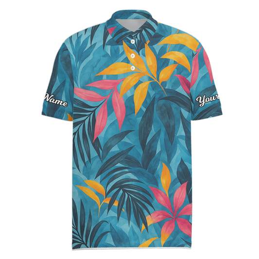 Personalized Tropical Leaves Golf Polo Shirt Blue Pink Yellow C2220 main image - Men Polo S