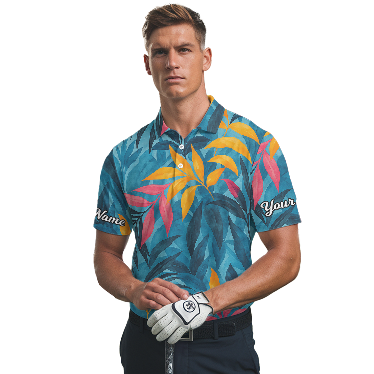 Personalized Tropical Leaves Golf Polo Shirt Blue Pink Yellow C2220 additional image 2