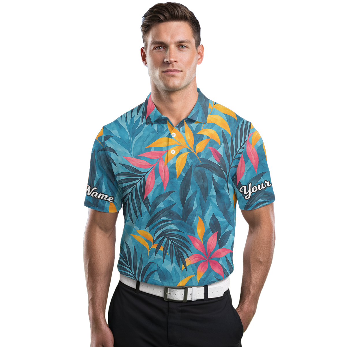 Personalized Tropical Leaves Golf Polo Shirt Blue Pink Yellow C2220 additional image 3