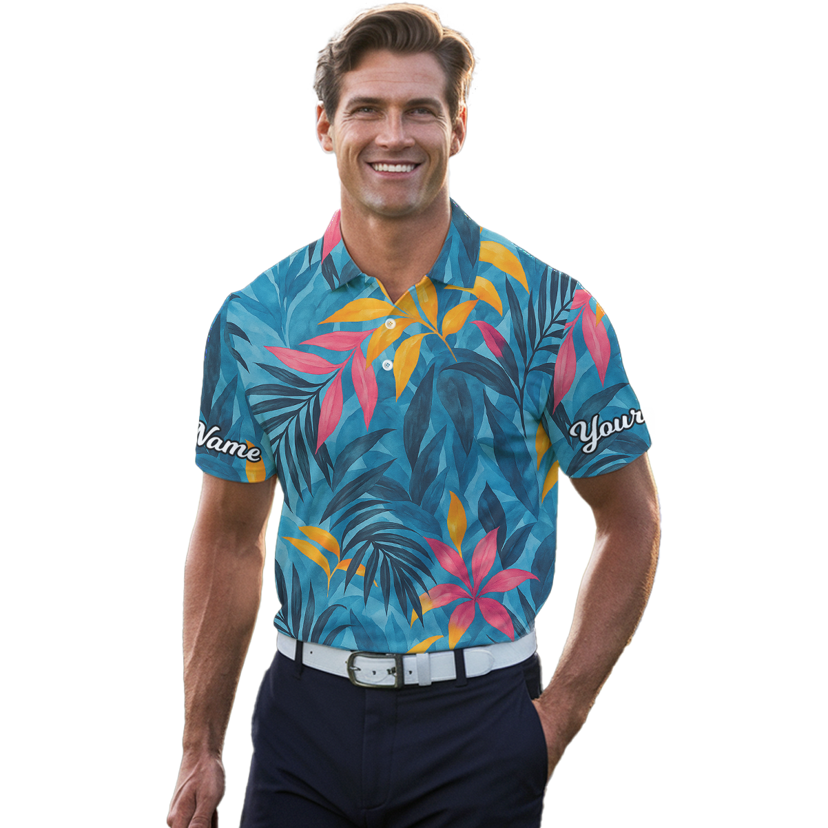 Personalized Tropical Leaves Golf Polo Shirt Blue Pink Yellow C2220 additional image 4