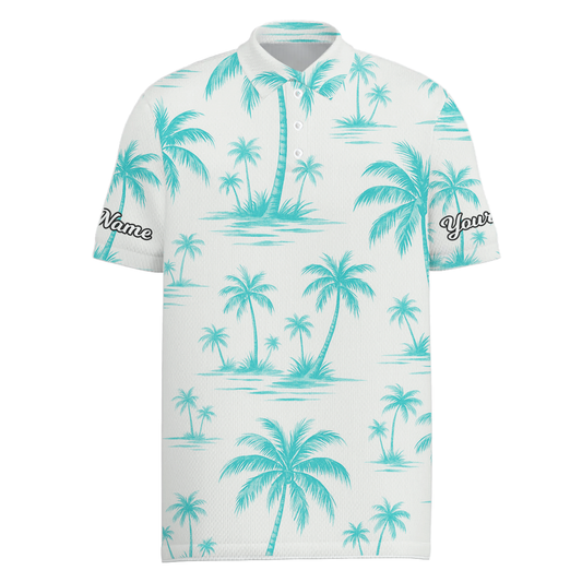 Personalized Palm Tree Golf Polo Shirt White Teal for Men N3940 main image - Men Polo S