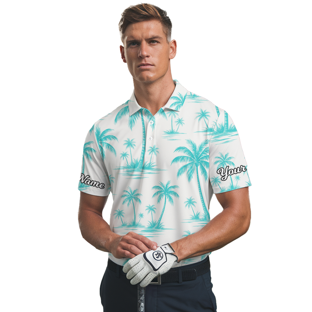 Personalized Palm Tree Golf Polo Shirt White Teal for Men N3940 additional image 2