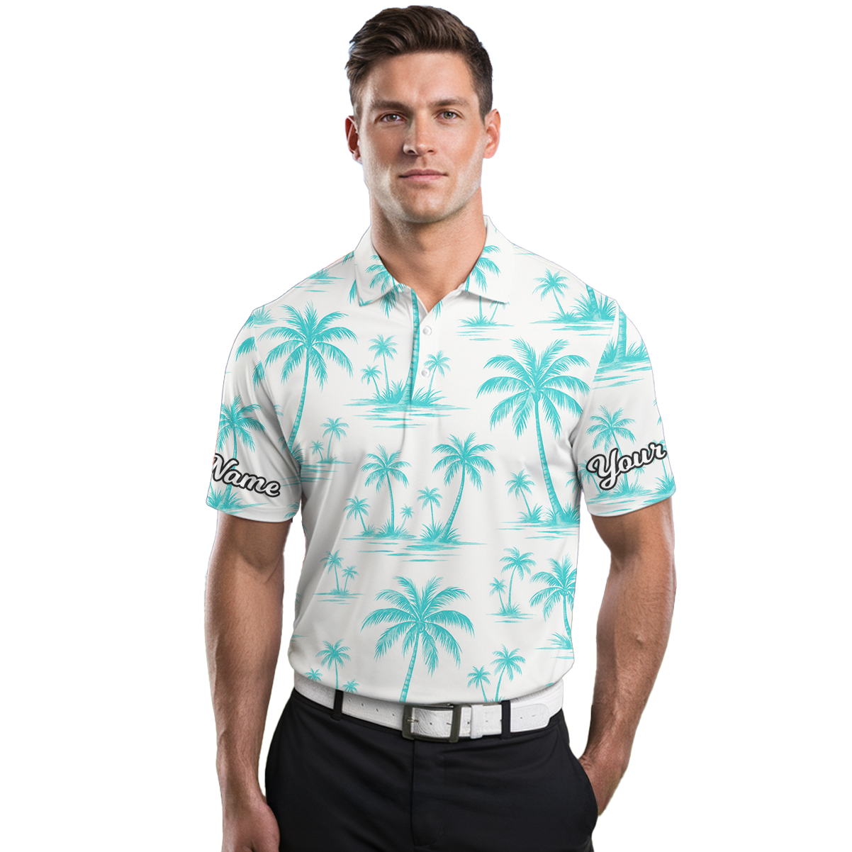 Personalized Palm Tree Golf Polo Shirt White Teal for Men N3940 additional image 3