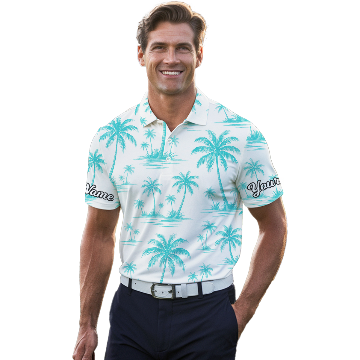 Personalized Palm Tree Golf Polo Shirt White Teal for Men N3940 additional image 4
