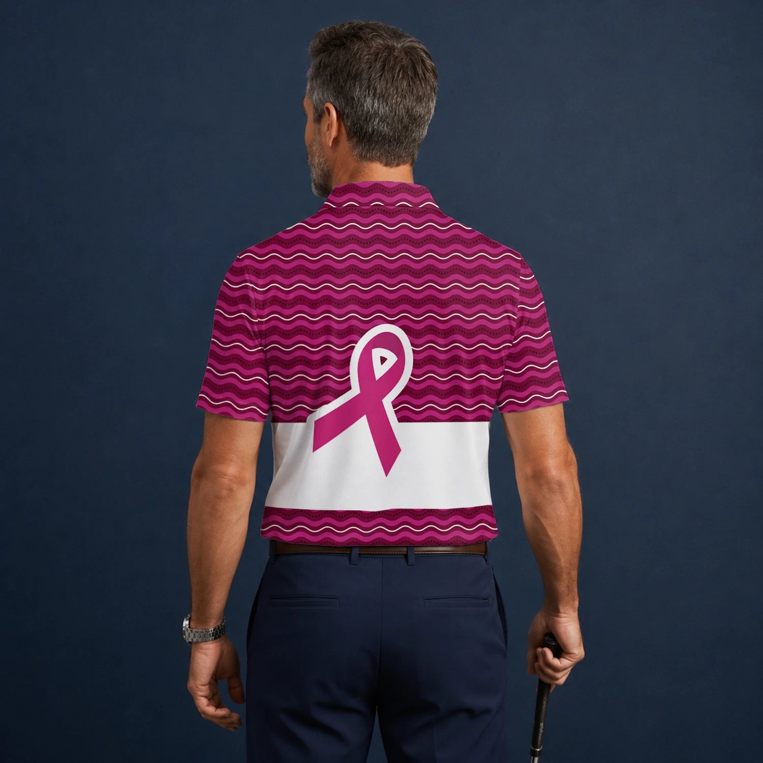 Personalised Pink Breast Cancer Awareness Ribbon Wave Golf Polo Shirt For Men B1640