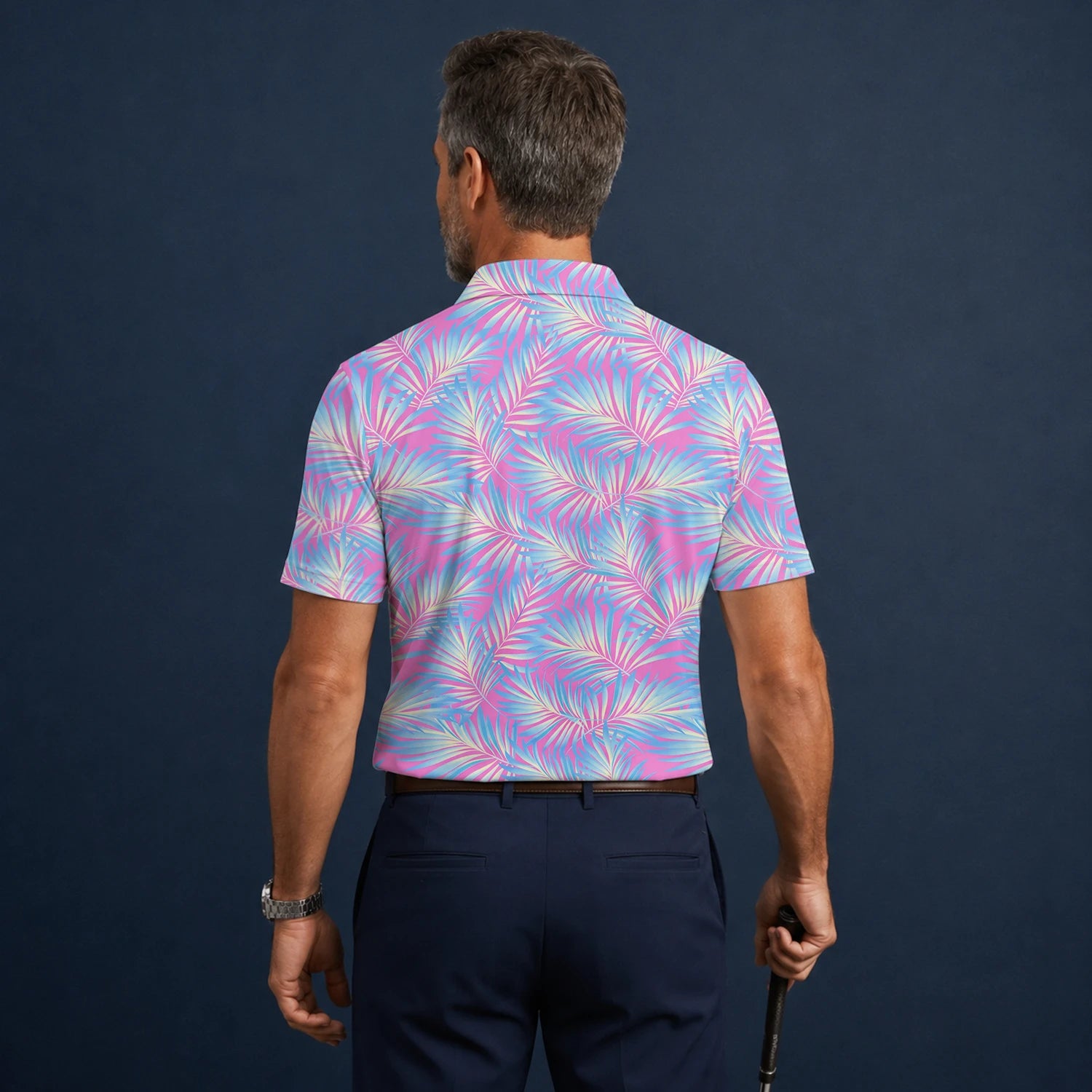Personalised Pink Blue Palm Leaf Golf Polo Shirt For Men F1458