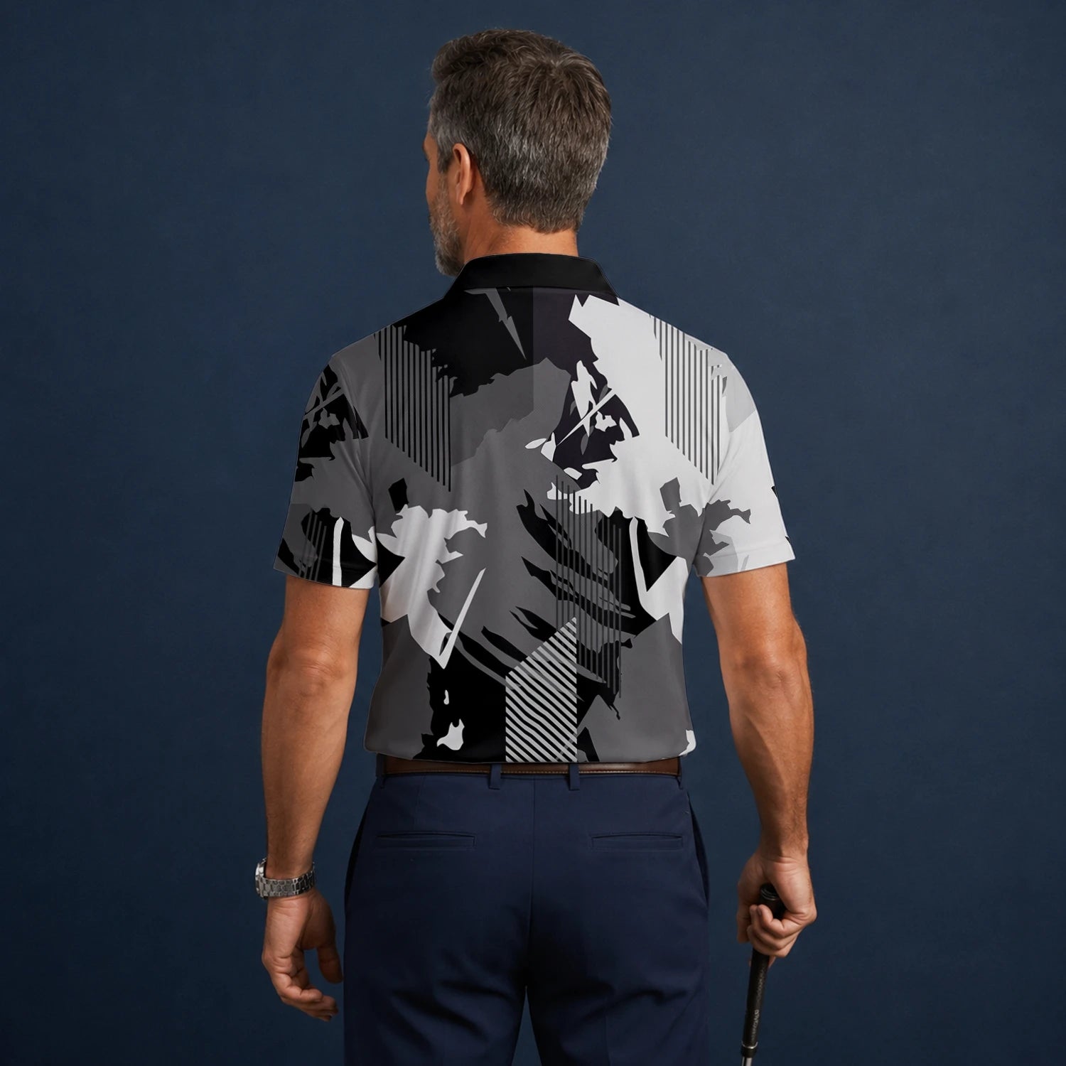 Personalised Grey Black Abstract Brush Stripe Golf Polo Shirt For Men I7293
