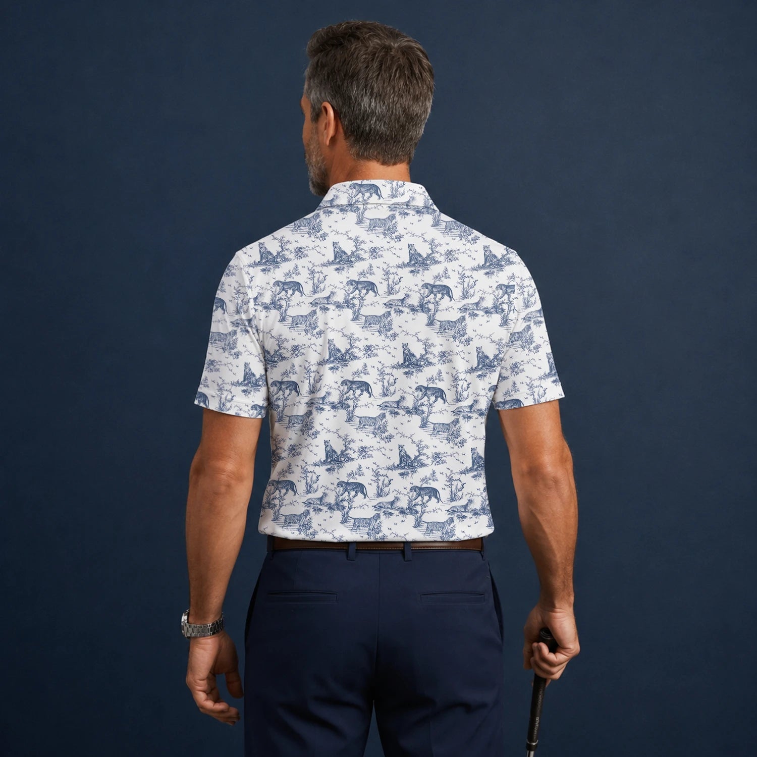 Personalised White Blue Dinosaur Toile Golf Polo Shirt For Men Q4771