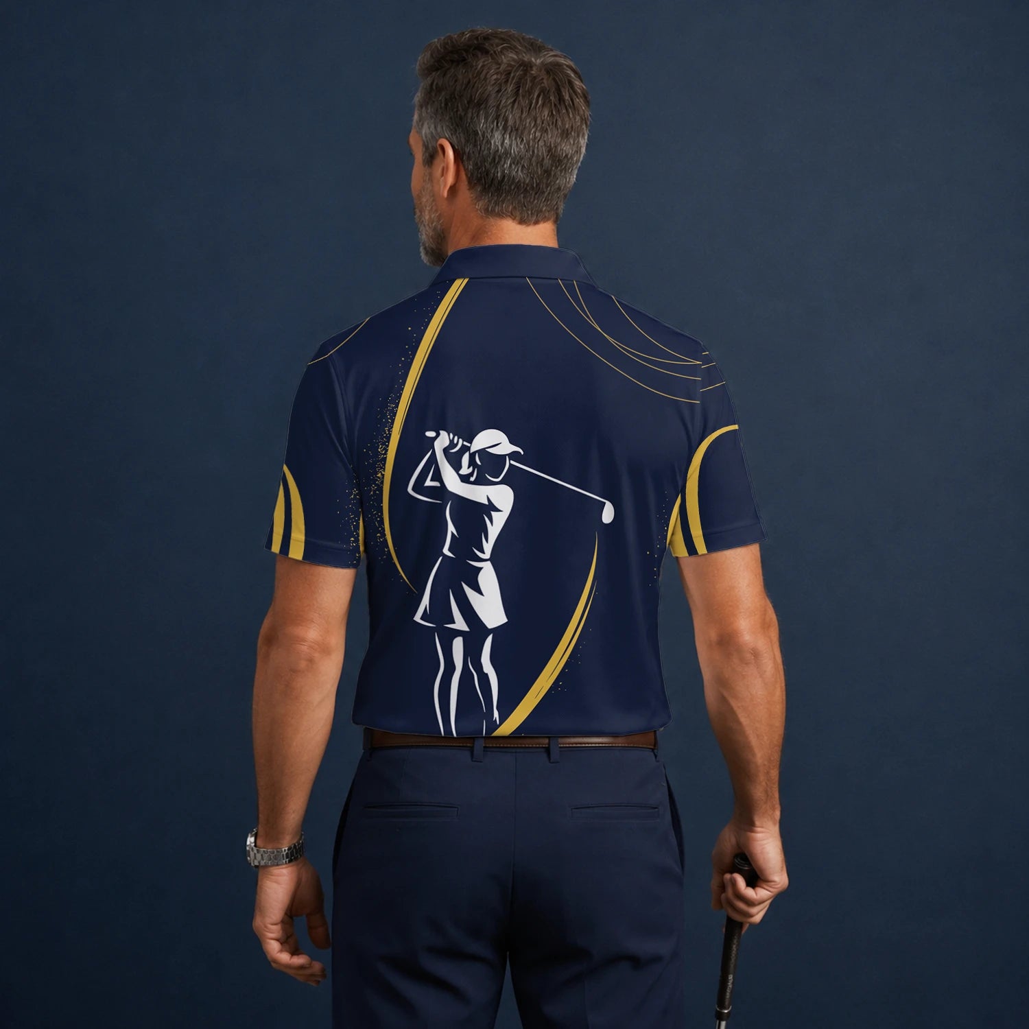 Personalised Navy Gold Golfer Silhouette Golf Polo Shirt For Men K0906