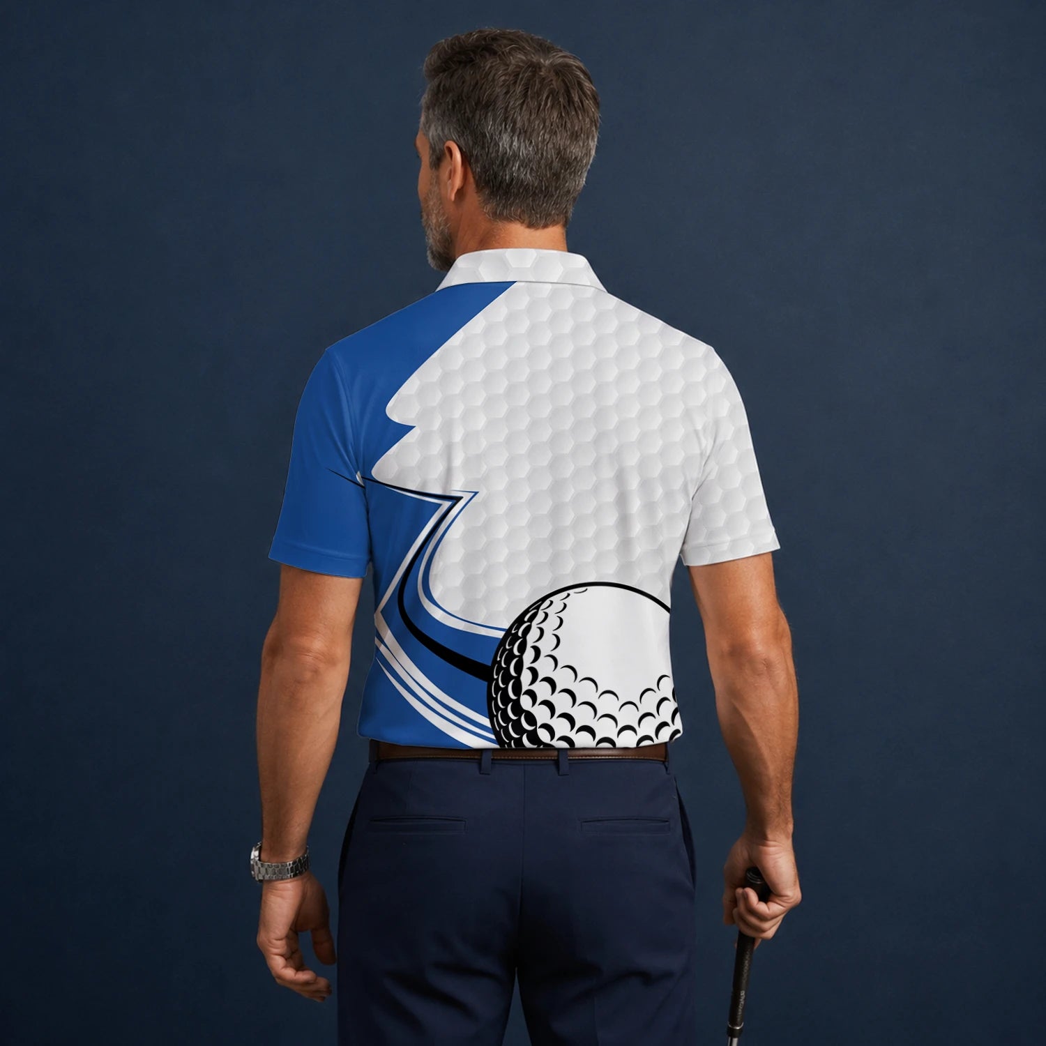 Personalised White Blue Golf Ball Hexagon Golf Polo Shirt For Men S7973