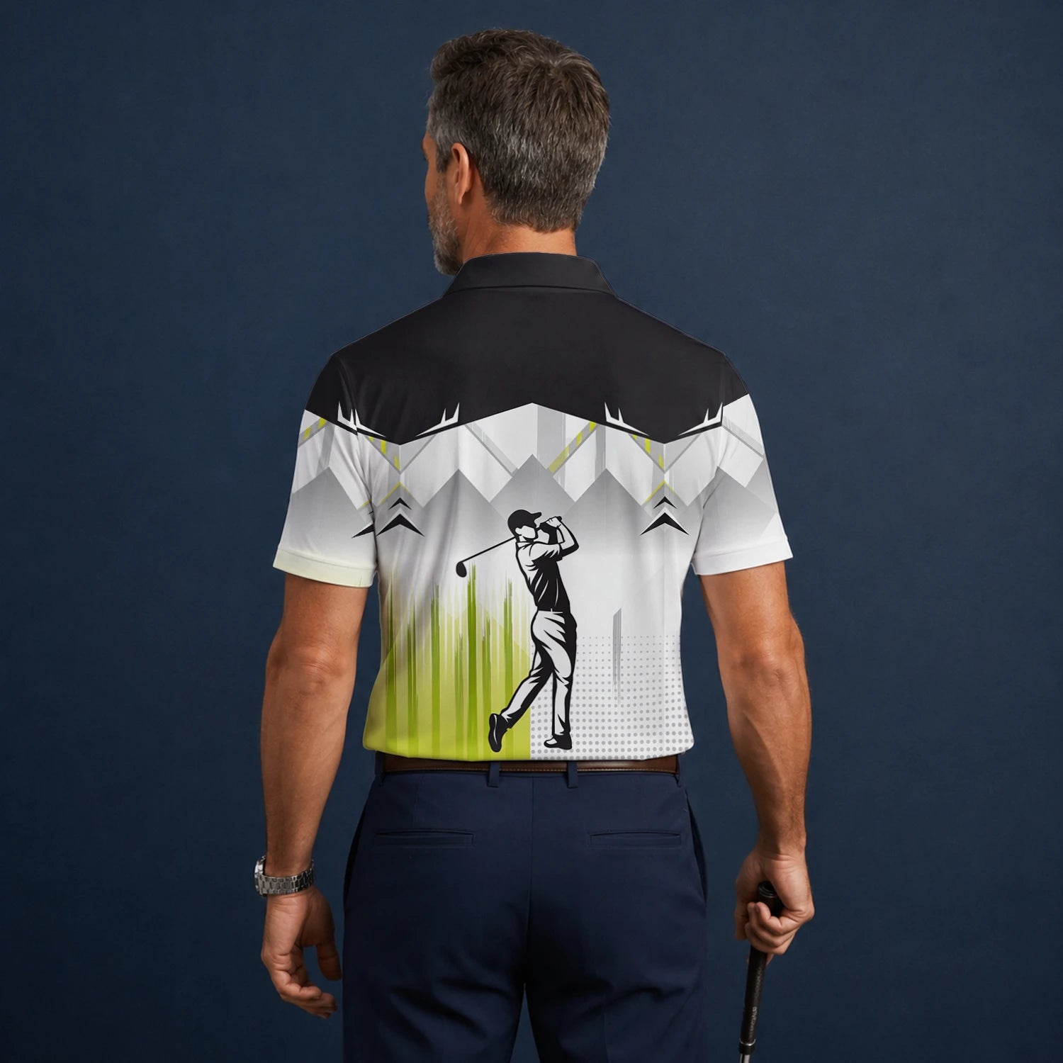 Personalised Black Grey Lime Golfer Silhouette Golf Polo Shirt For Men F4552