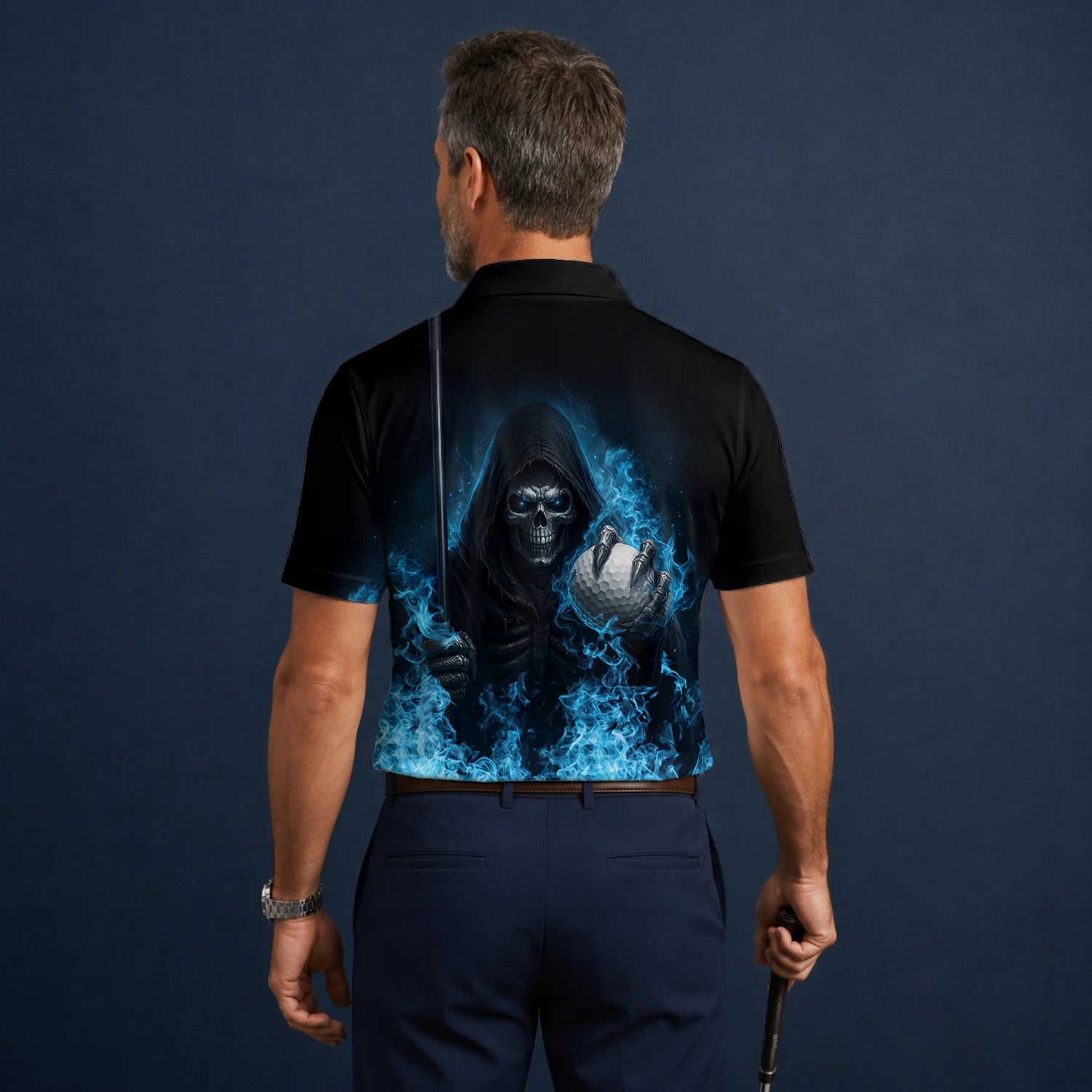Personalised Black Blue Skull Golf Ball Lightning Golf Polo Shirt For Men N0793