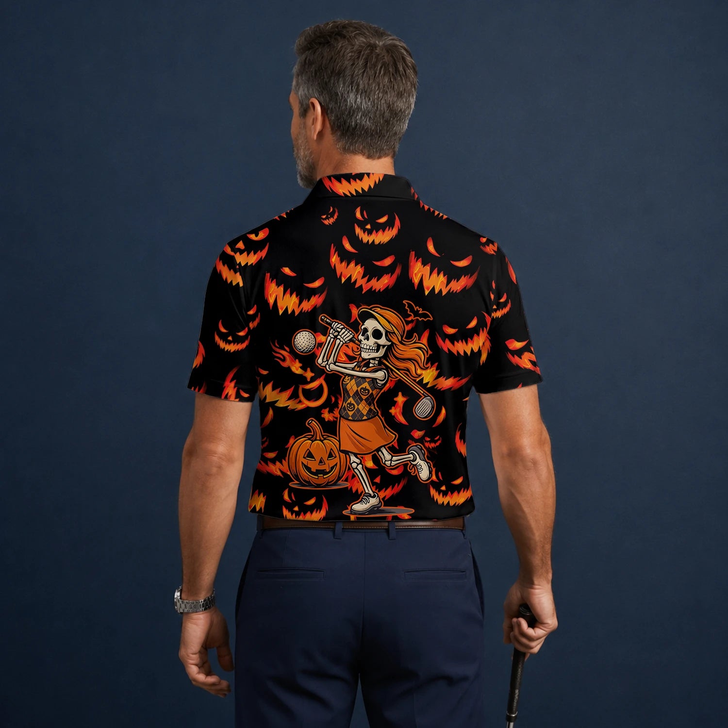 Personalised Black Orange Halloween Skeleton Golfer Pumpkin Golf Polo Shirt For Men N7108