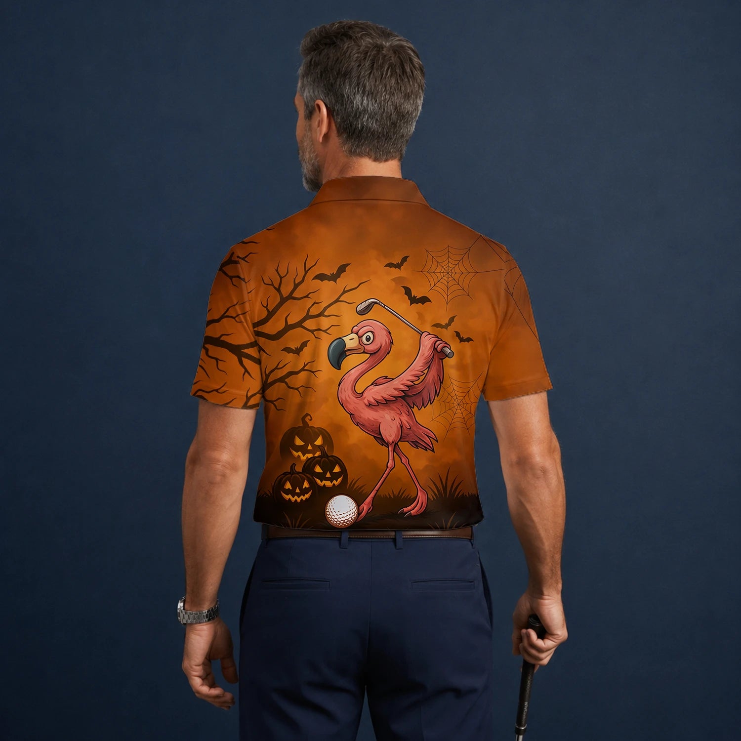 Personalised Orange Halloween Flamingo Golfer Pumpkin Golf Polo Shirt For Men V7072