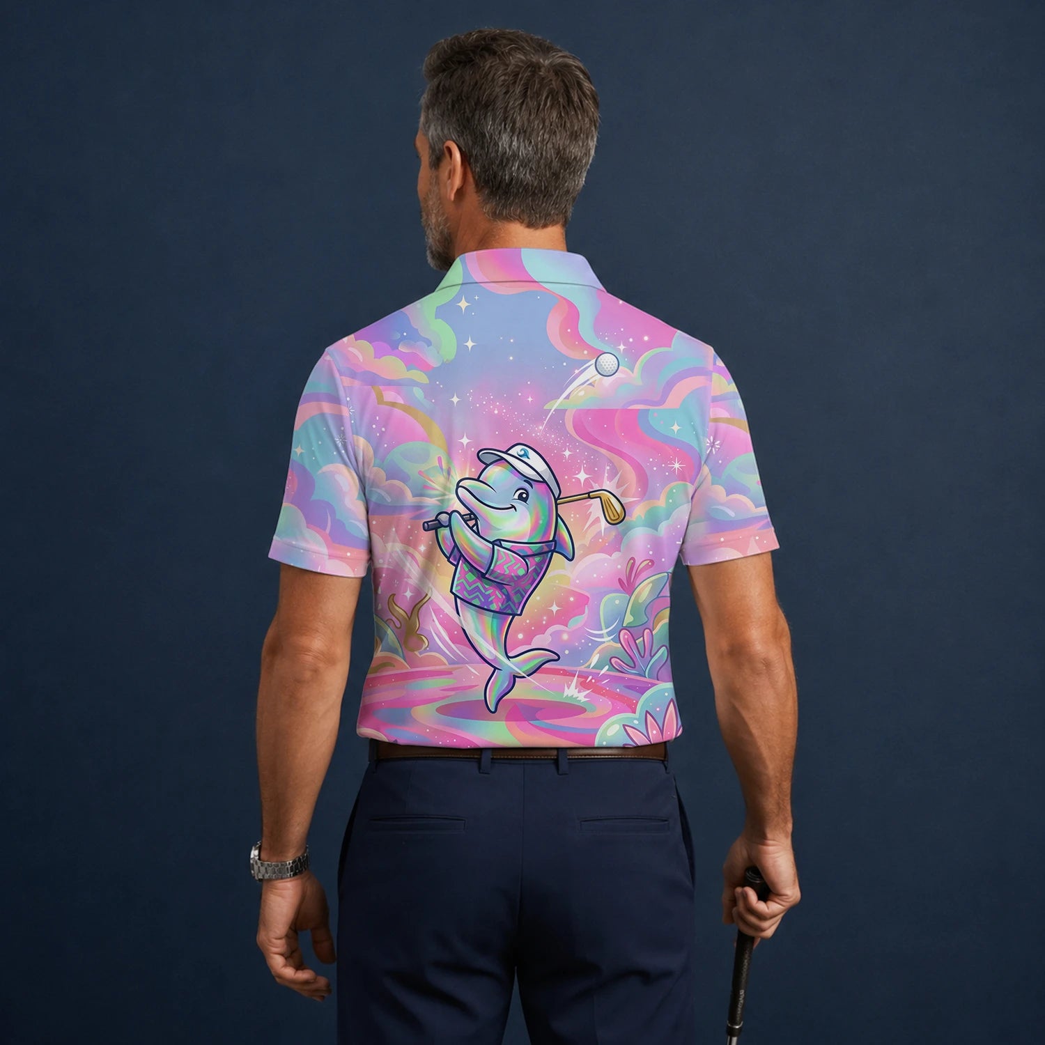 Personalised Pastel Rainbow Dolphin Golfer Cartoon Golf Polo Shirt For Men L3862