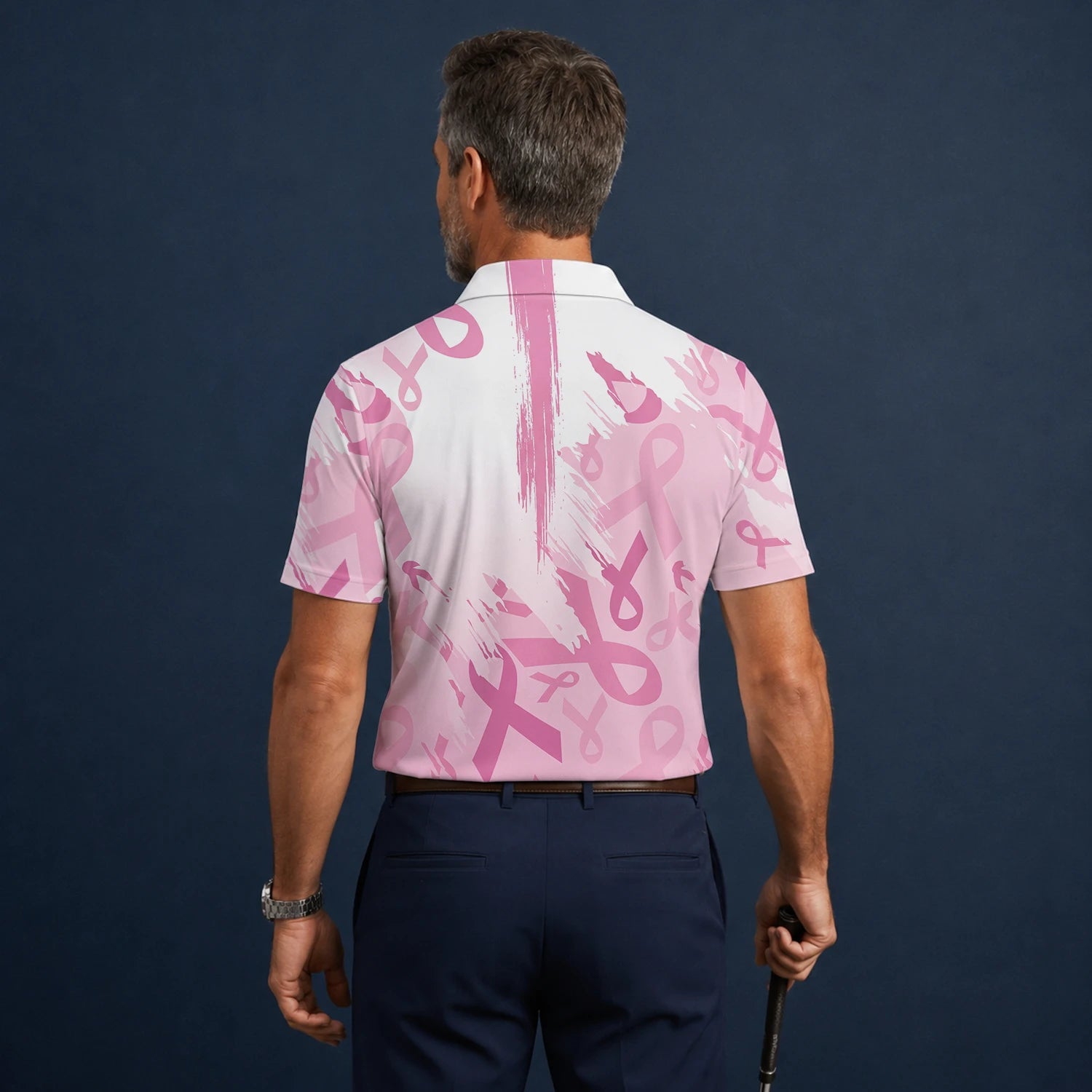 Personalised White Pink Breast Cancer Awareness Ribbon Brush Stroke Golf Polo Shirt For Men U4702