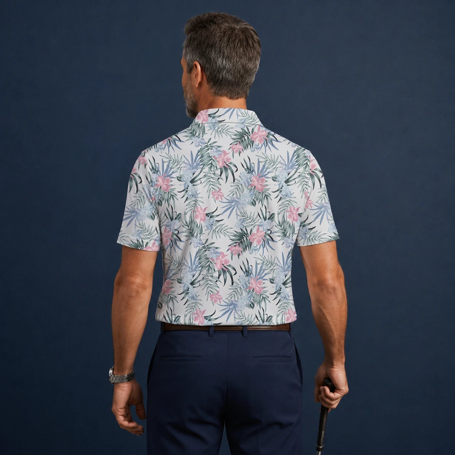 Personalised White Pink Tropical Floral Leaf Golf Polo Shirt For Men C1037