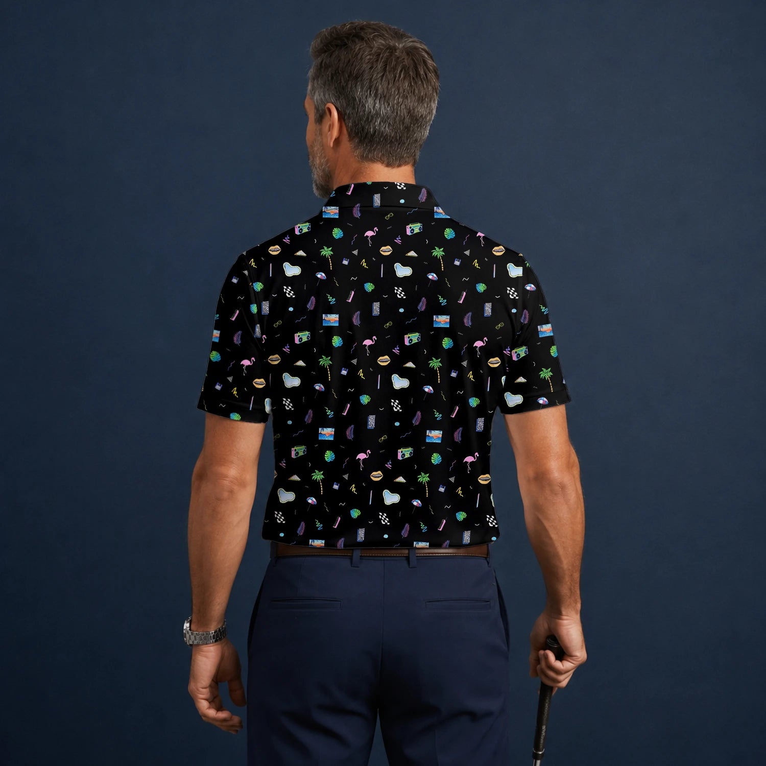 Personalised Black Holiday Travel Doodle Golf Polo Shirt For Men V7883