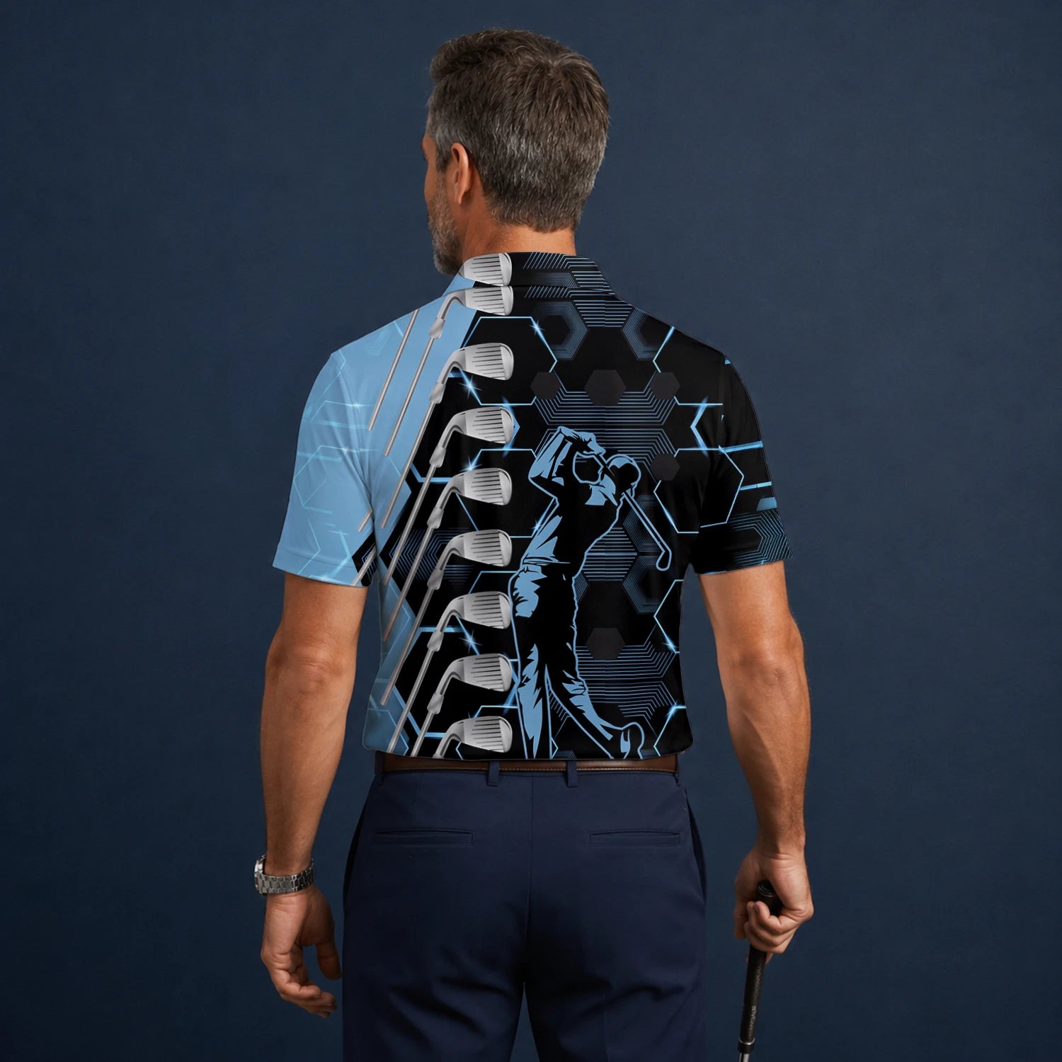Personalised Black Blue Golfer Golf Club Graphic Golf Polo Shirt For Men J5818