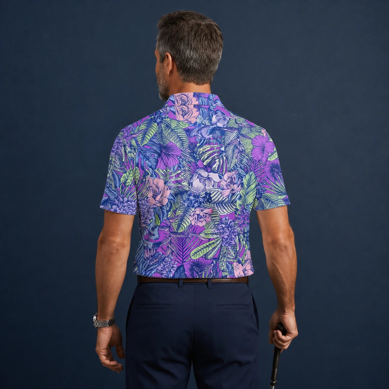 Personalised Purple Blue Tropical Floral Leaf Golf Polo Shirt For Men B8037