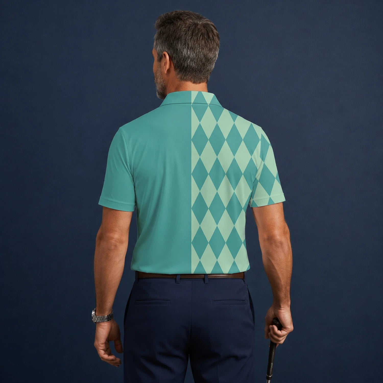 Personalised Teal Mint Argyle Golf Polo Shirt For Men A8483