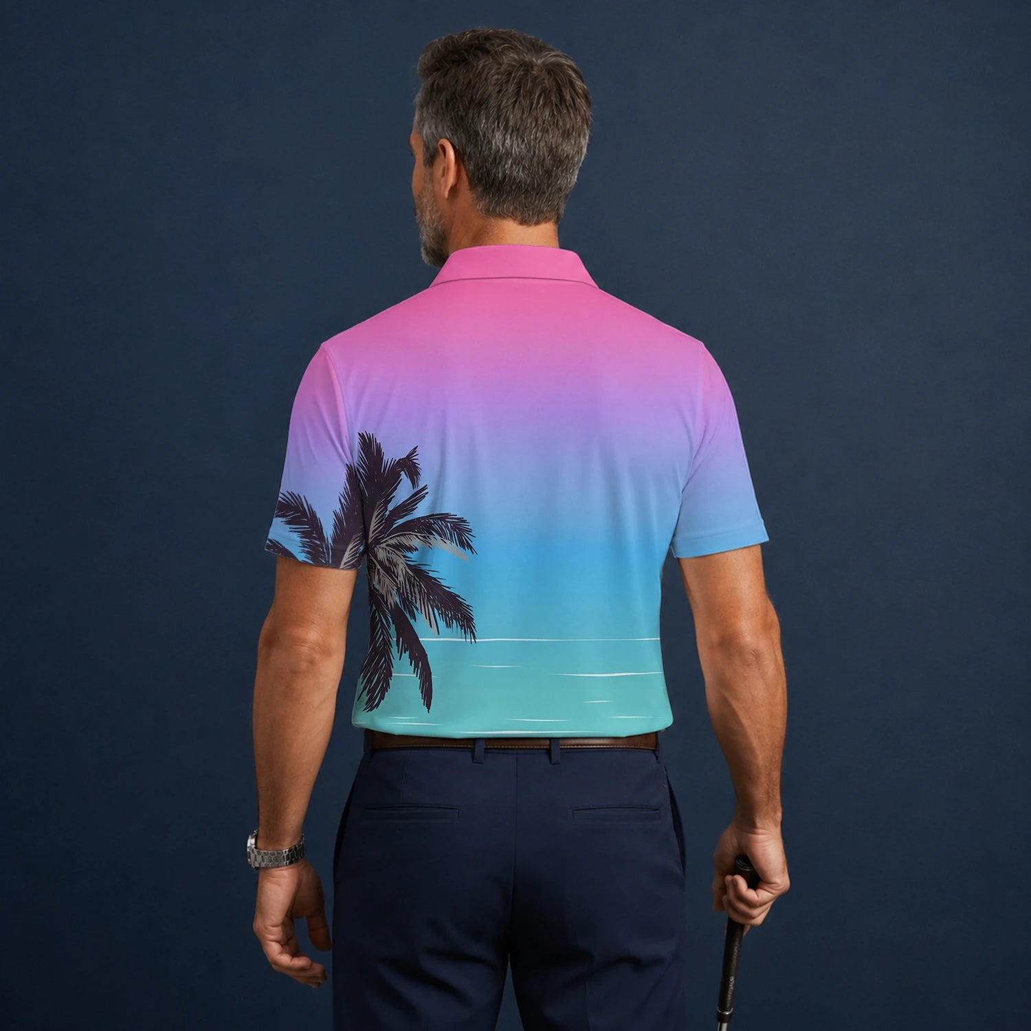 Personalised Pink Blue Palm Beach Sunset Golf Polo Shirt For Men Q3519