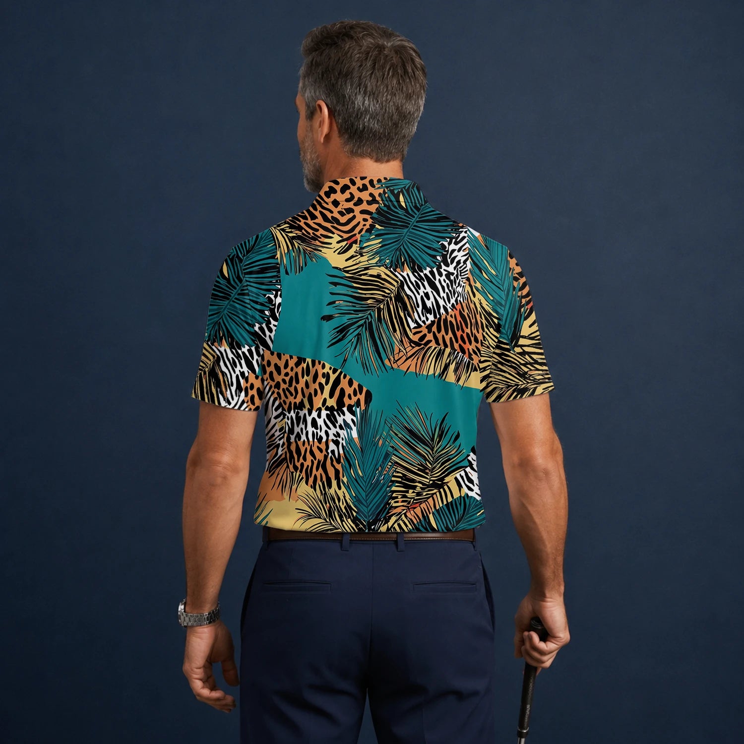 Personalised Teal Orange Tropical Palm Animal Print Golf Polo Shirt For Men A7122