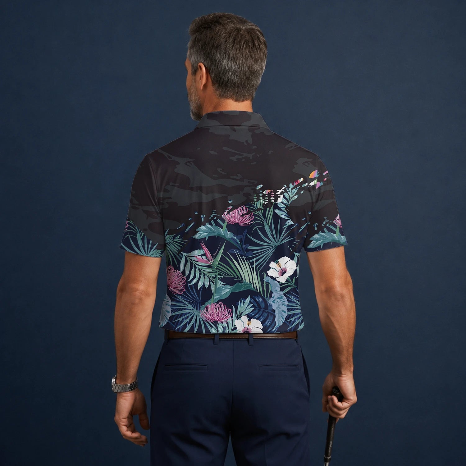 Personalised Navy Tropical Floral Leaf Golf Polo Shirt For Men N4110