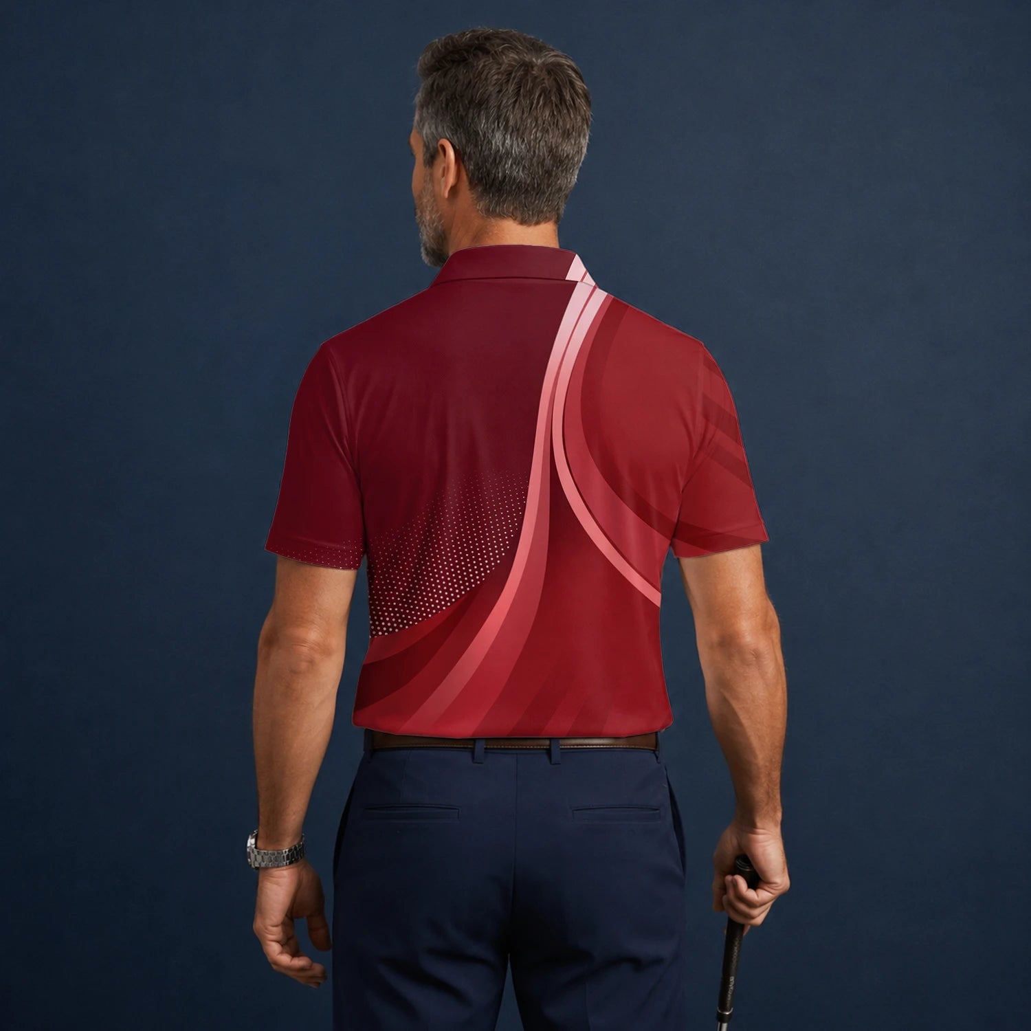 Personalised Burgundy Red Abstract Wave Golf Polo Shirt For Men B4612