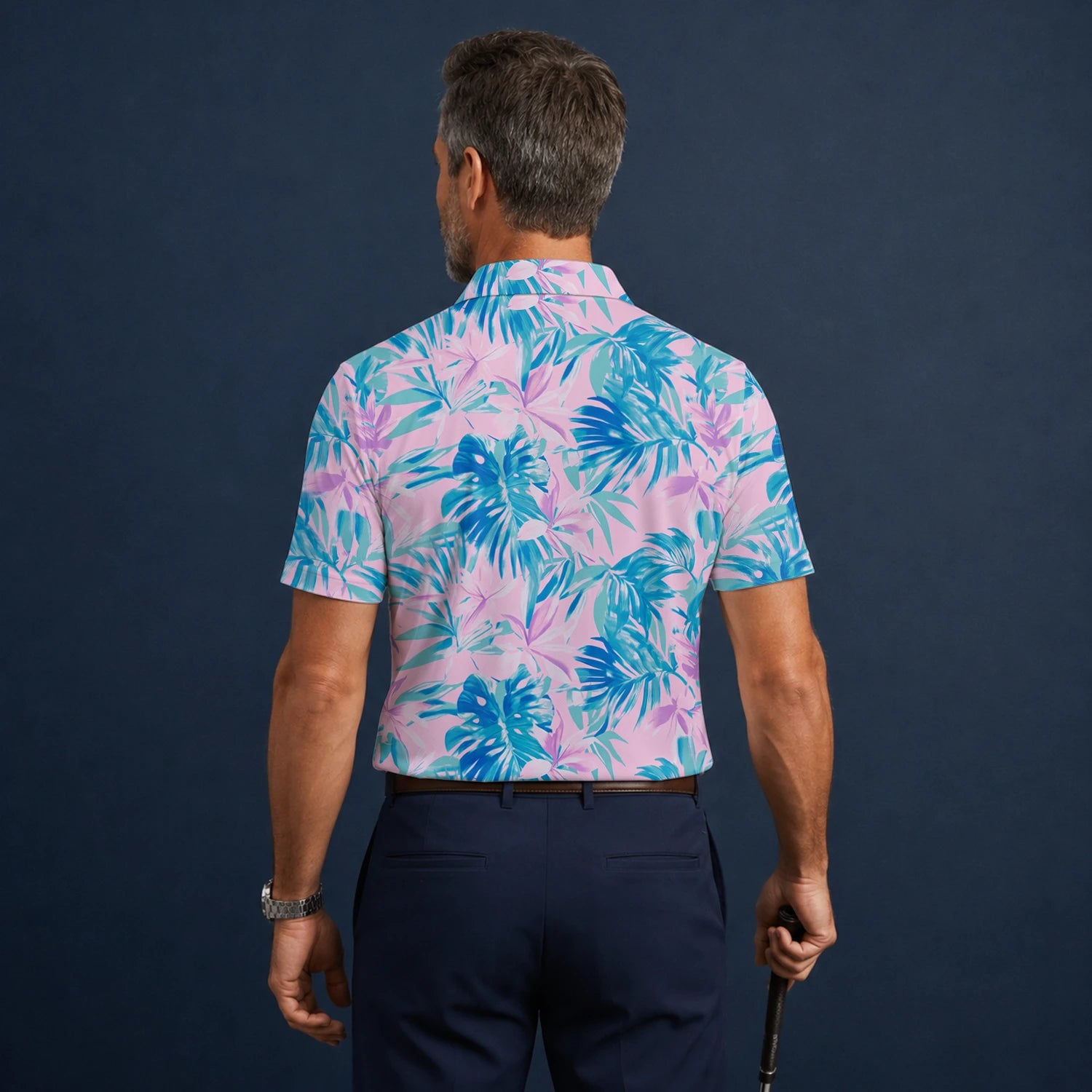 Personalised Pink Blue Tropical Leaf Golf Polo Shirt For Men K0497