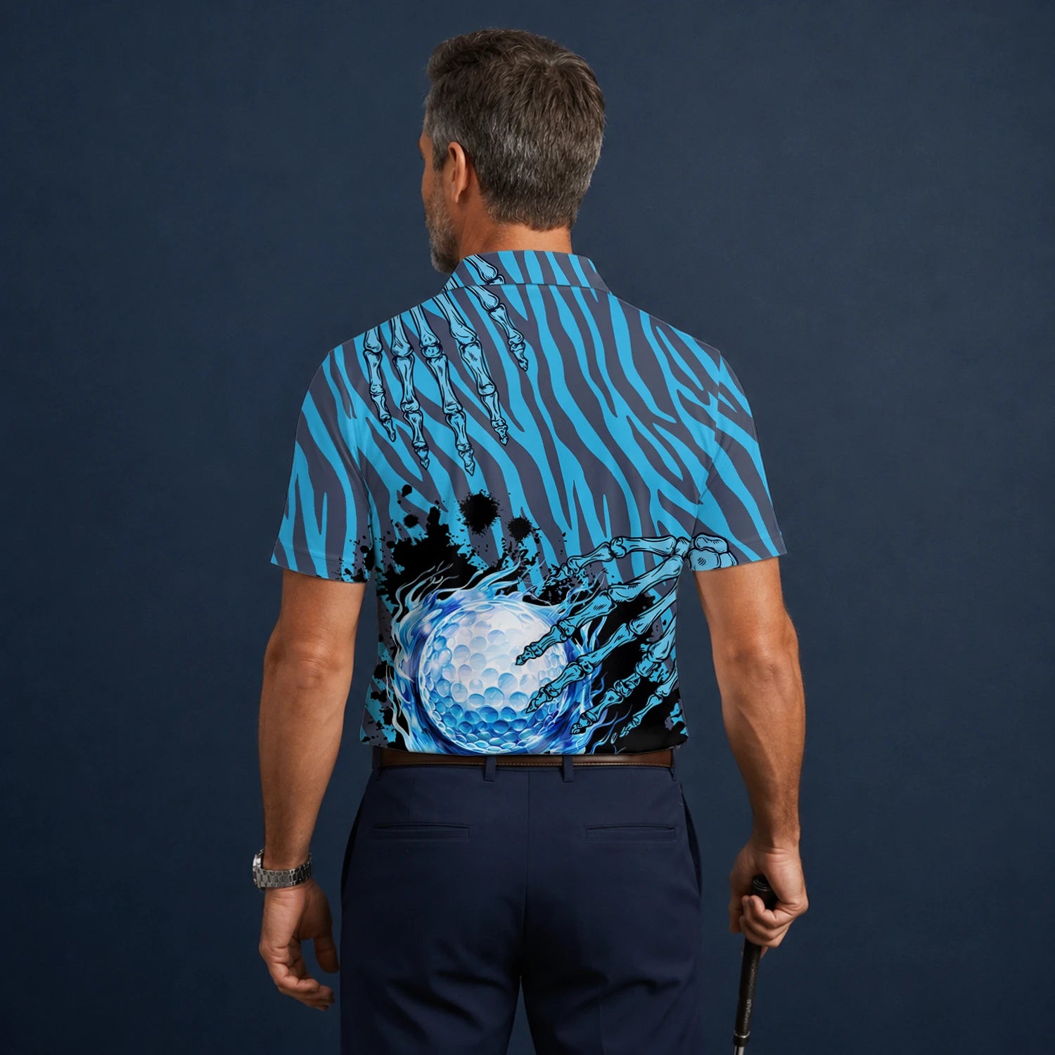 Personalised Blue Black Golf Ball Water Splash Golf Polo Shirt For Men B9791