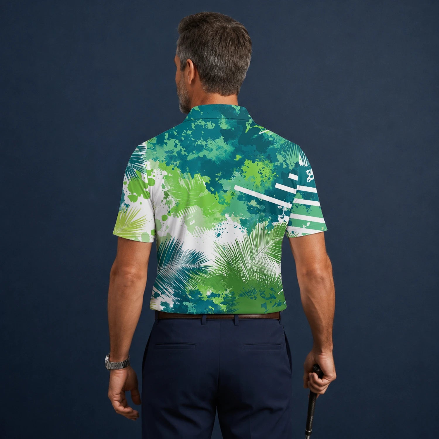 Personalised Green Blue Tropical Leaf Paint Splash Golf Polo Shirt For Men B7869