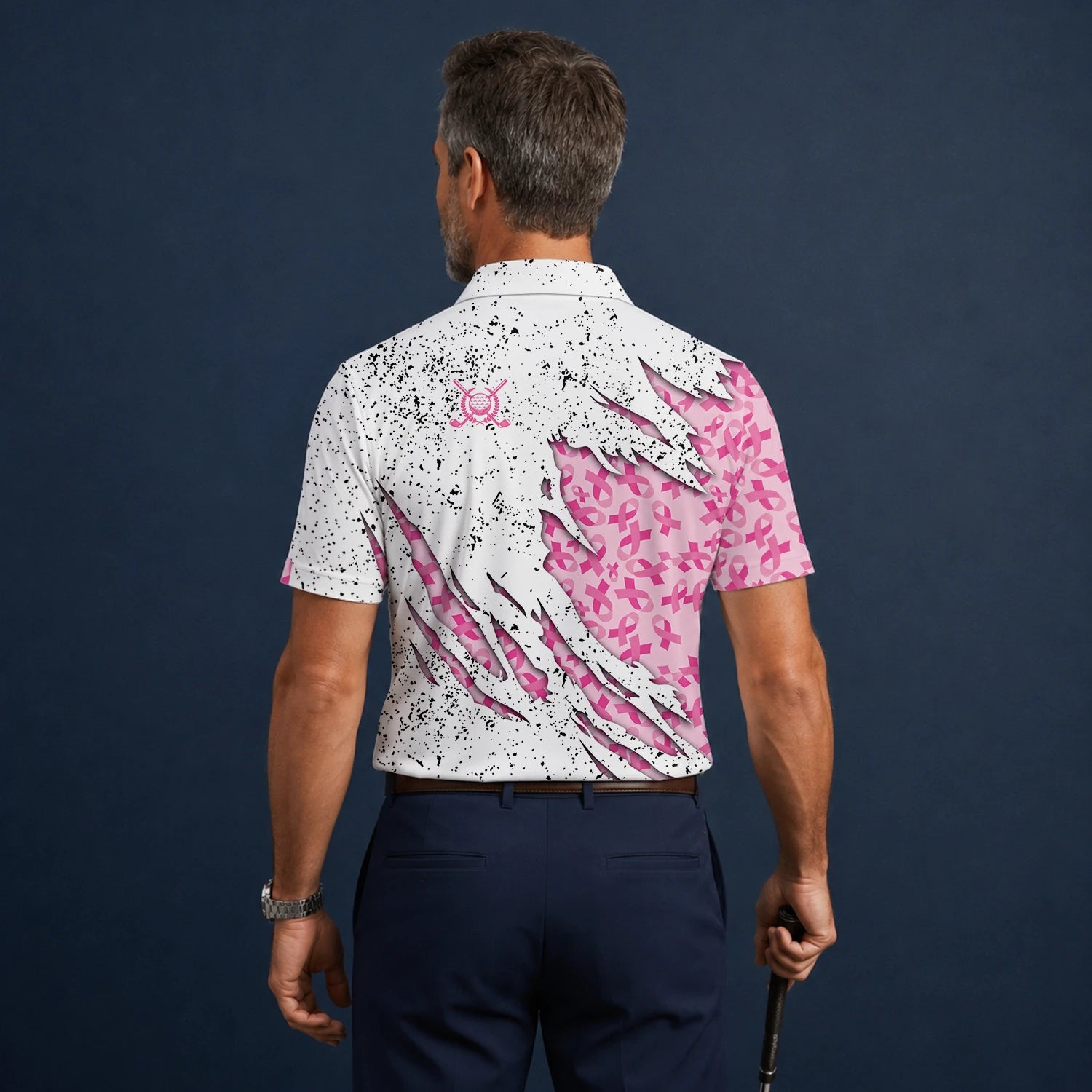 Personalised White Pink Breast Cancer Ribbon Torn Golf Polo Shirt For Men B7190