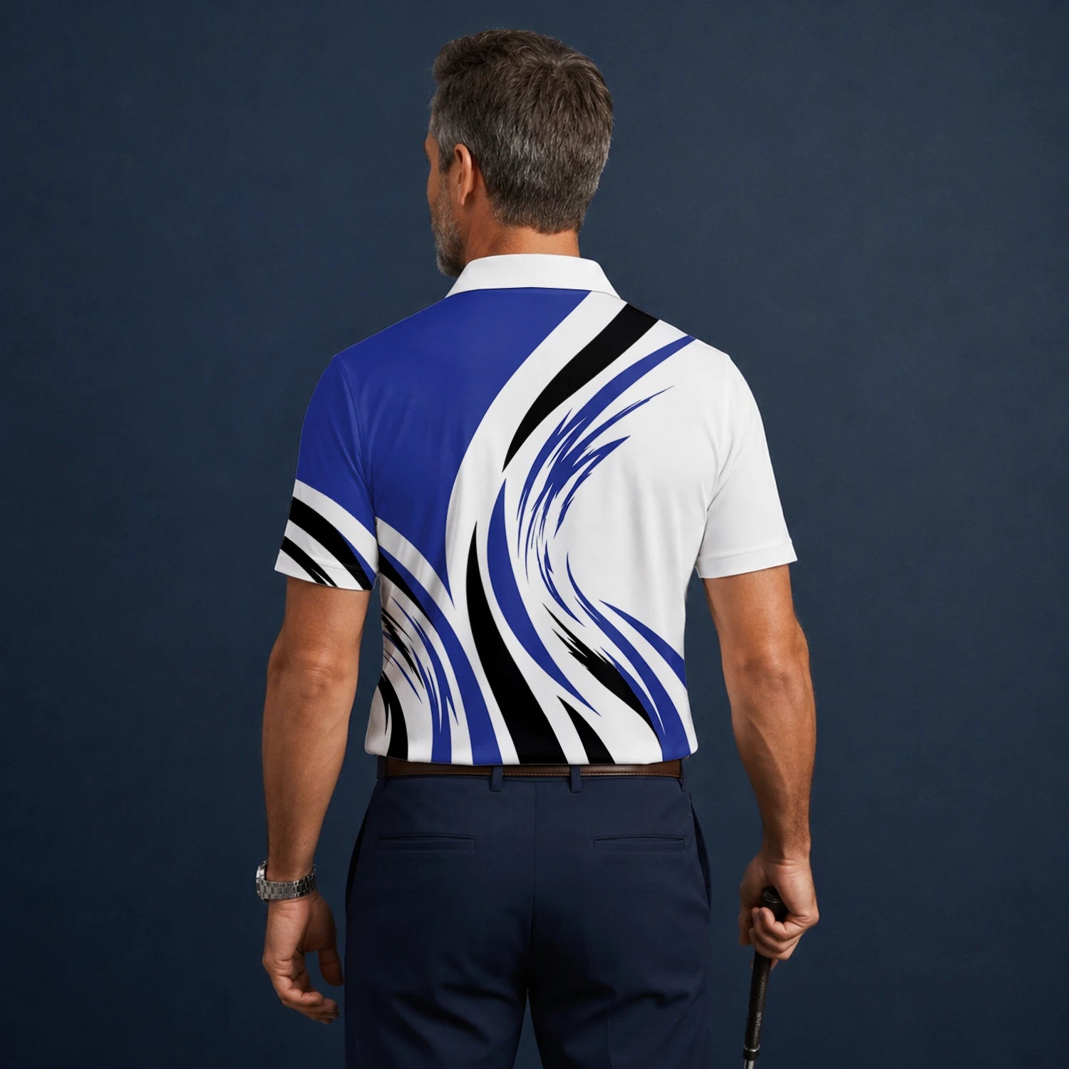 Personalised White Blue Black Abstract Wave Golf Polo Shirt For Men V7849