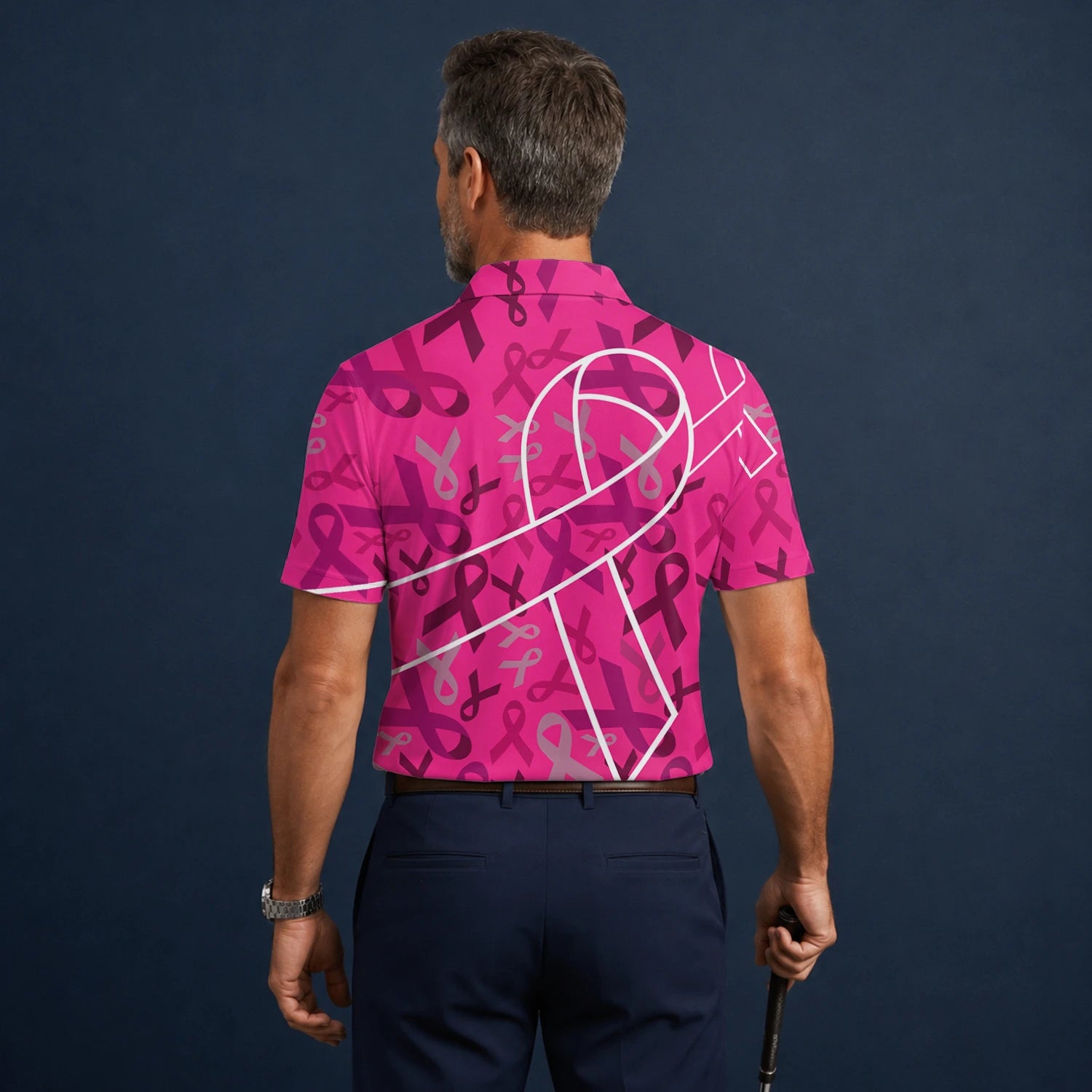 Personalised Pink Breast Cancer Awareness Ribbon Golf Polo Shirt For Men O4093