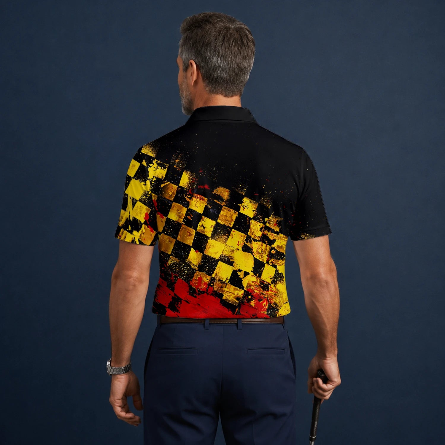 Personalised Black Yellow Red Grunge Checkerboard Golf Polo Shirt For Men R0396