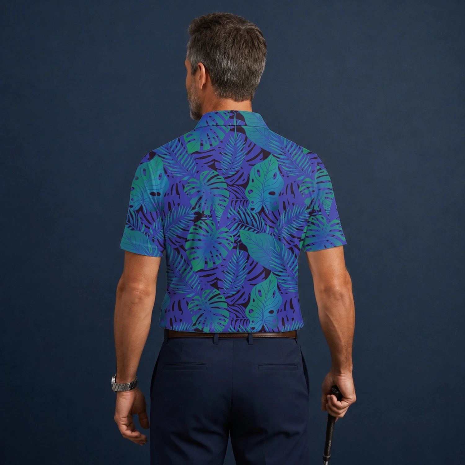Personalised Blue Purple Tropical Monstera Leaf Golf Polo Shirt For Men G3142