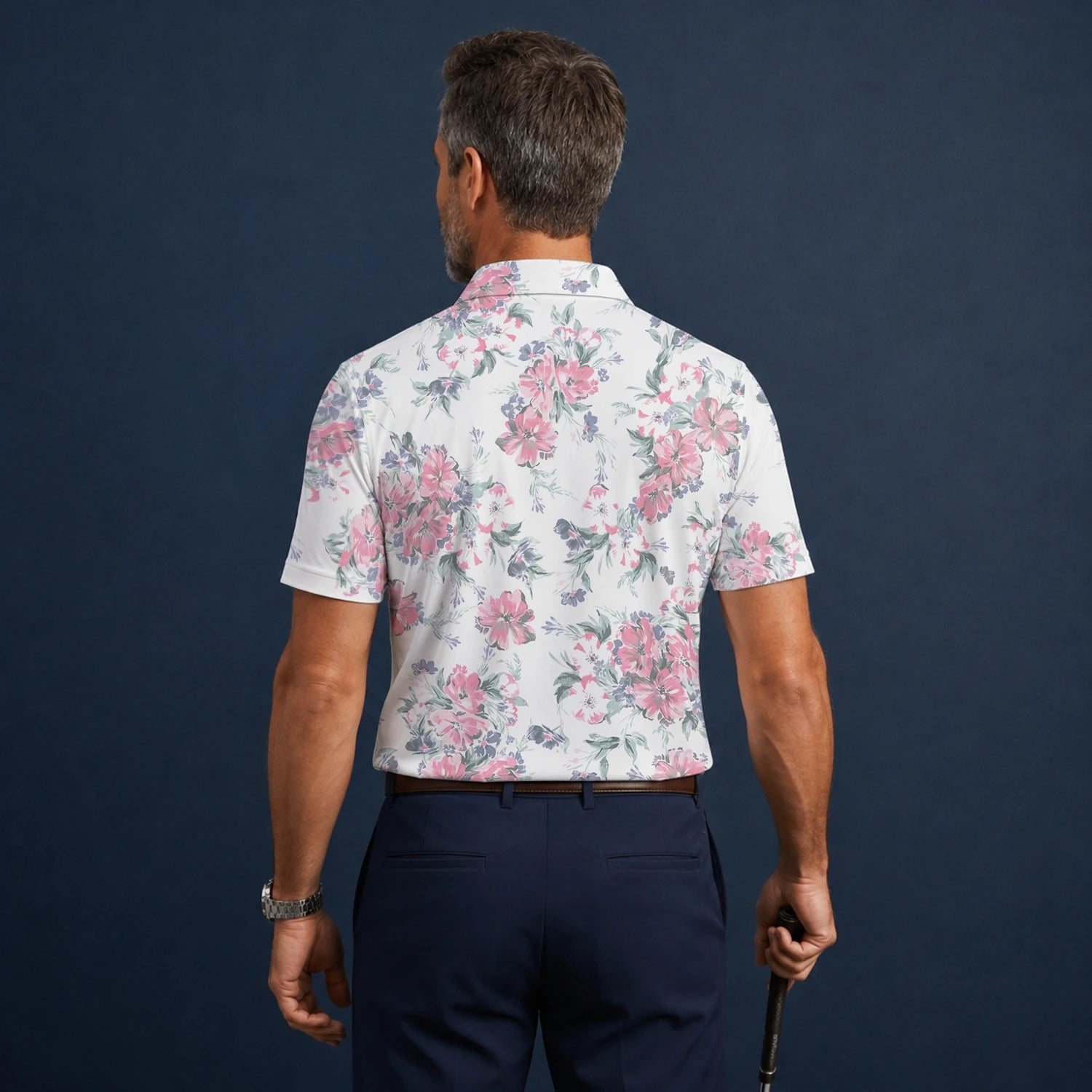 Personalised White Pink Floral Leaf Golf Polo Shirt For Men H5152