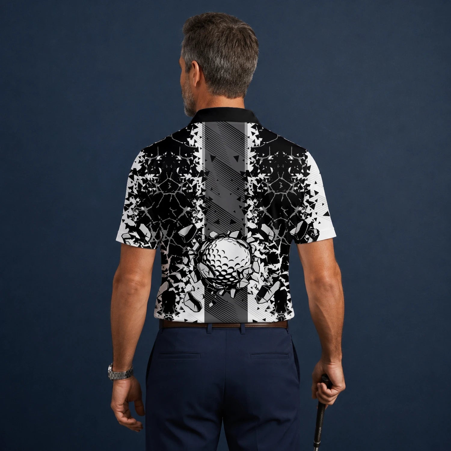 Personalised Black White Golf Ball Shattered Glass Golf Polo Shirt For Men F6407