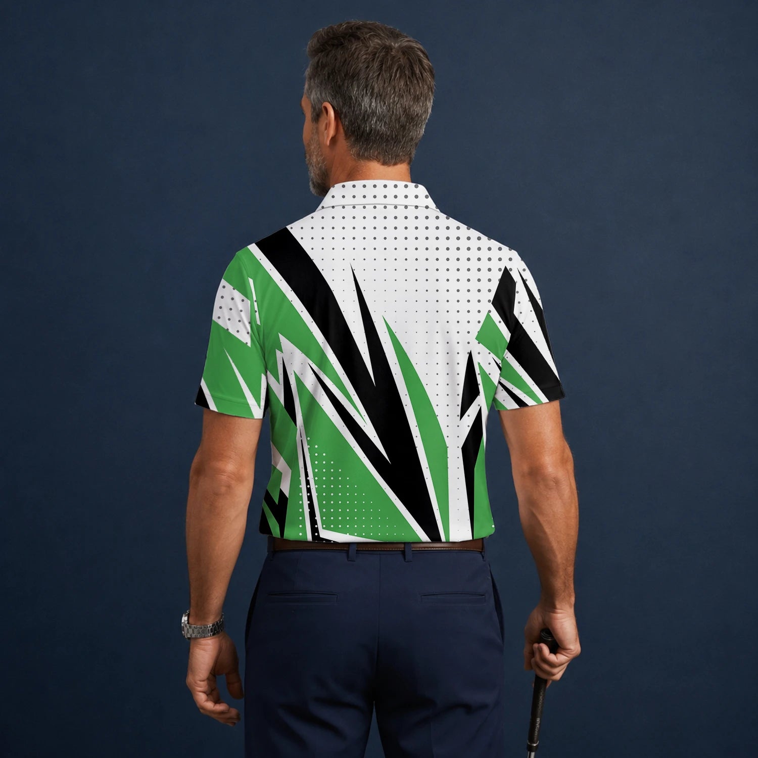 Personalised White Green Black Abstract Stripe Golf Polo Shirt For Men C9494