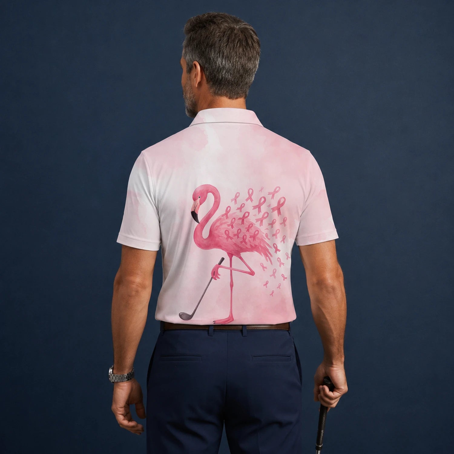 Personalised Pink Flamingo Golfer Breast Cancer Ribbon Golf Polo Shirt For Men R9354