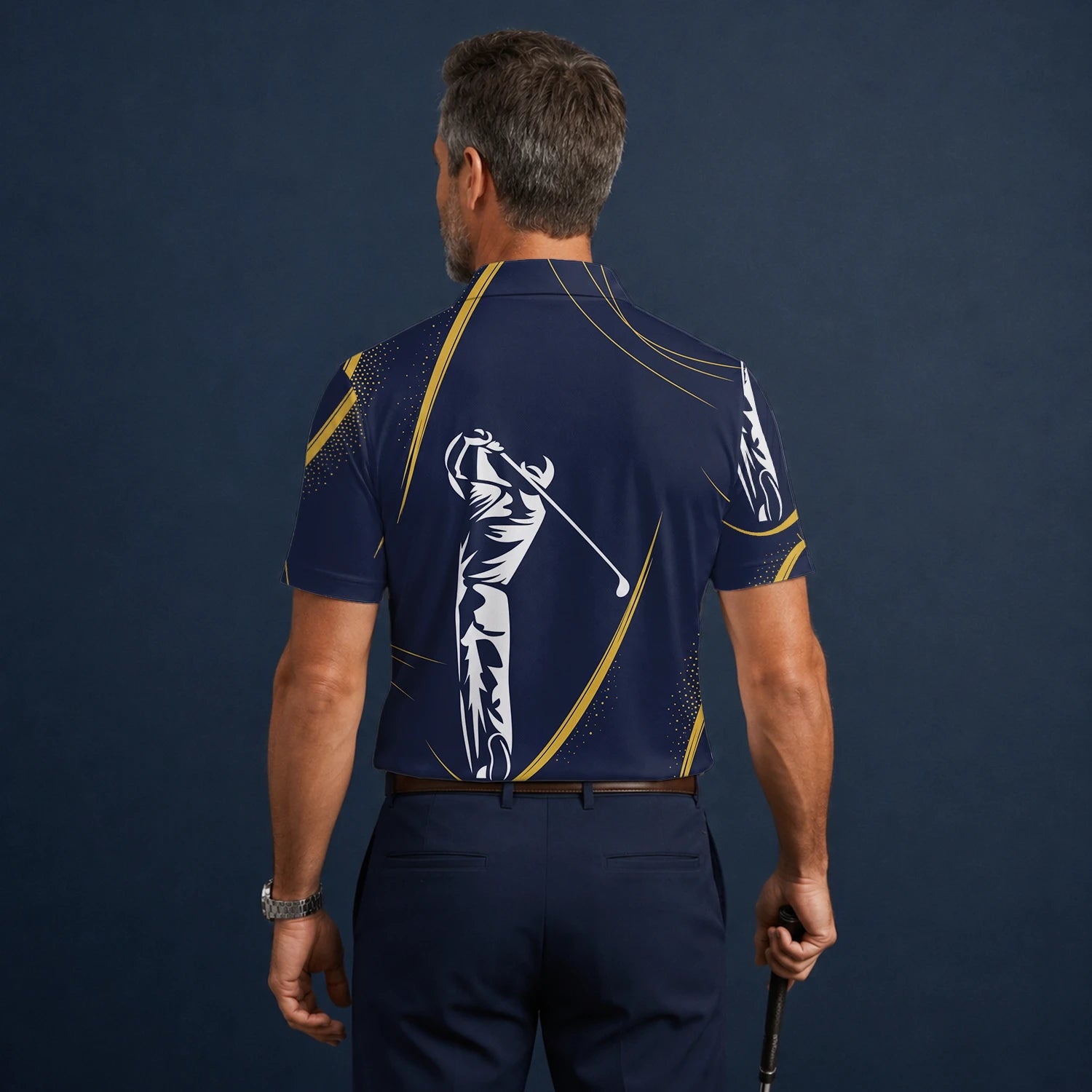 Personalised Navy Gold Golfer Swing Silhouette Golf Polo Shirt For Men A1639