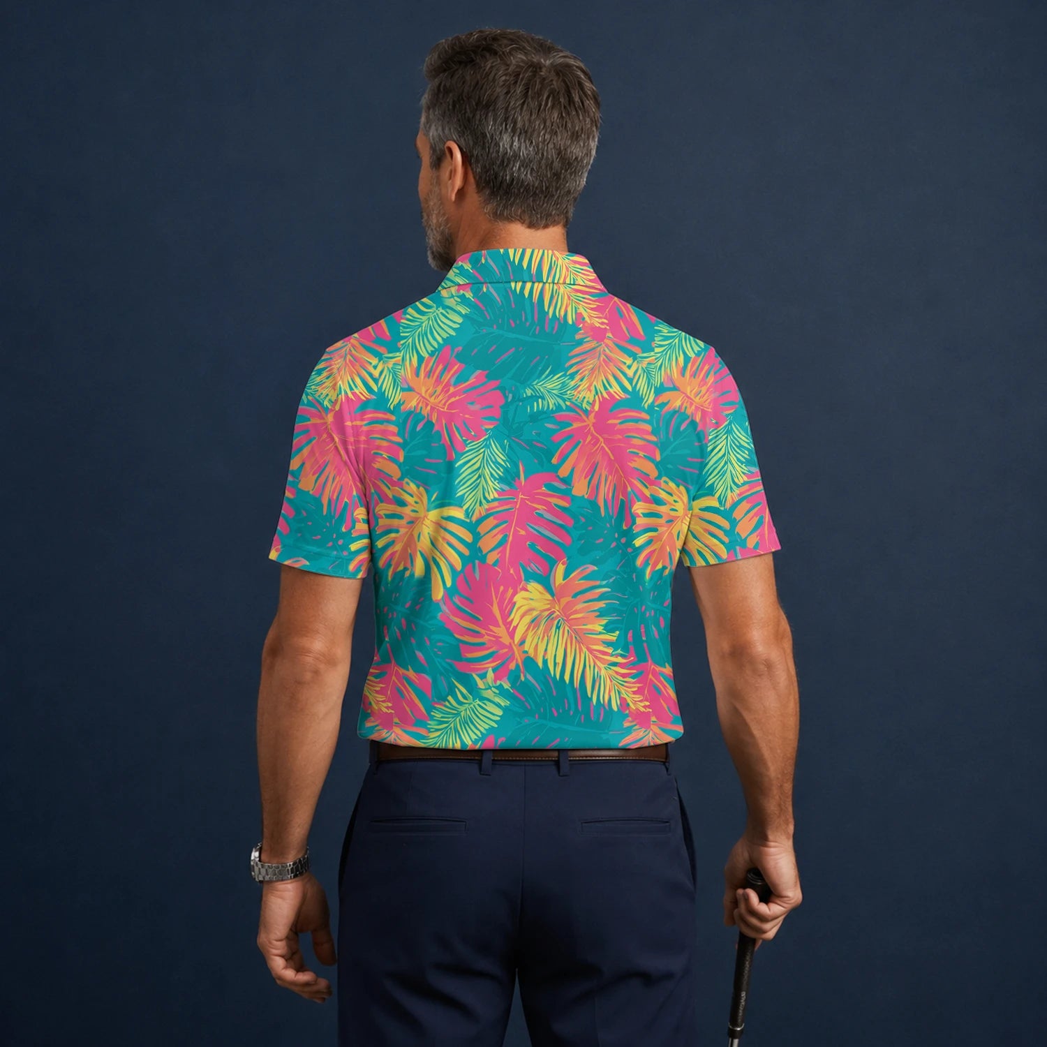Personalised Teal Coral Tropical Leaf Golf Polo Shirt For Men H8937